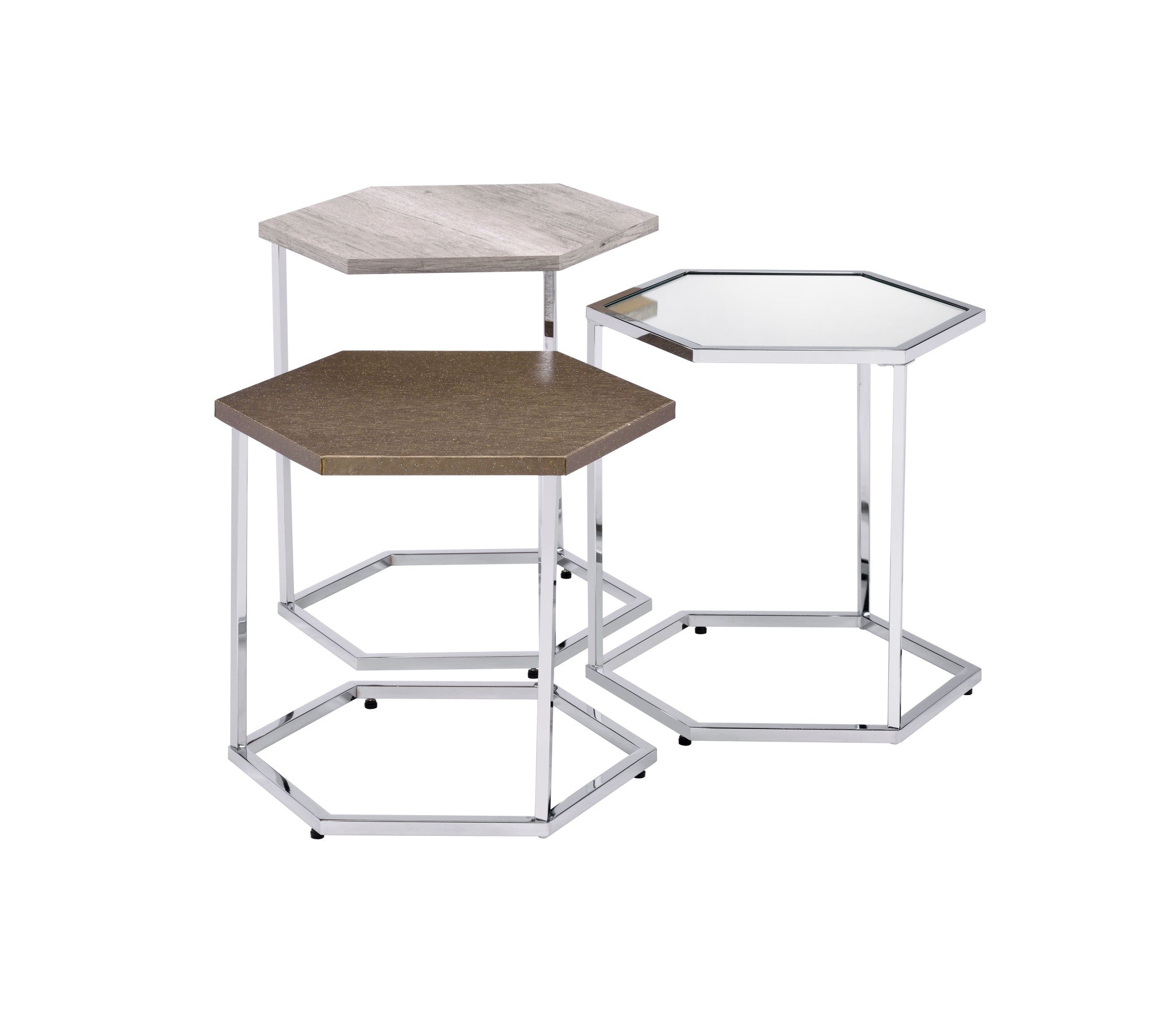 17 Chrome And Taupe Manufactured Wood And Metal Hexagon Nested Coffee Tables