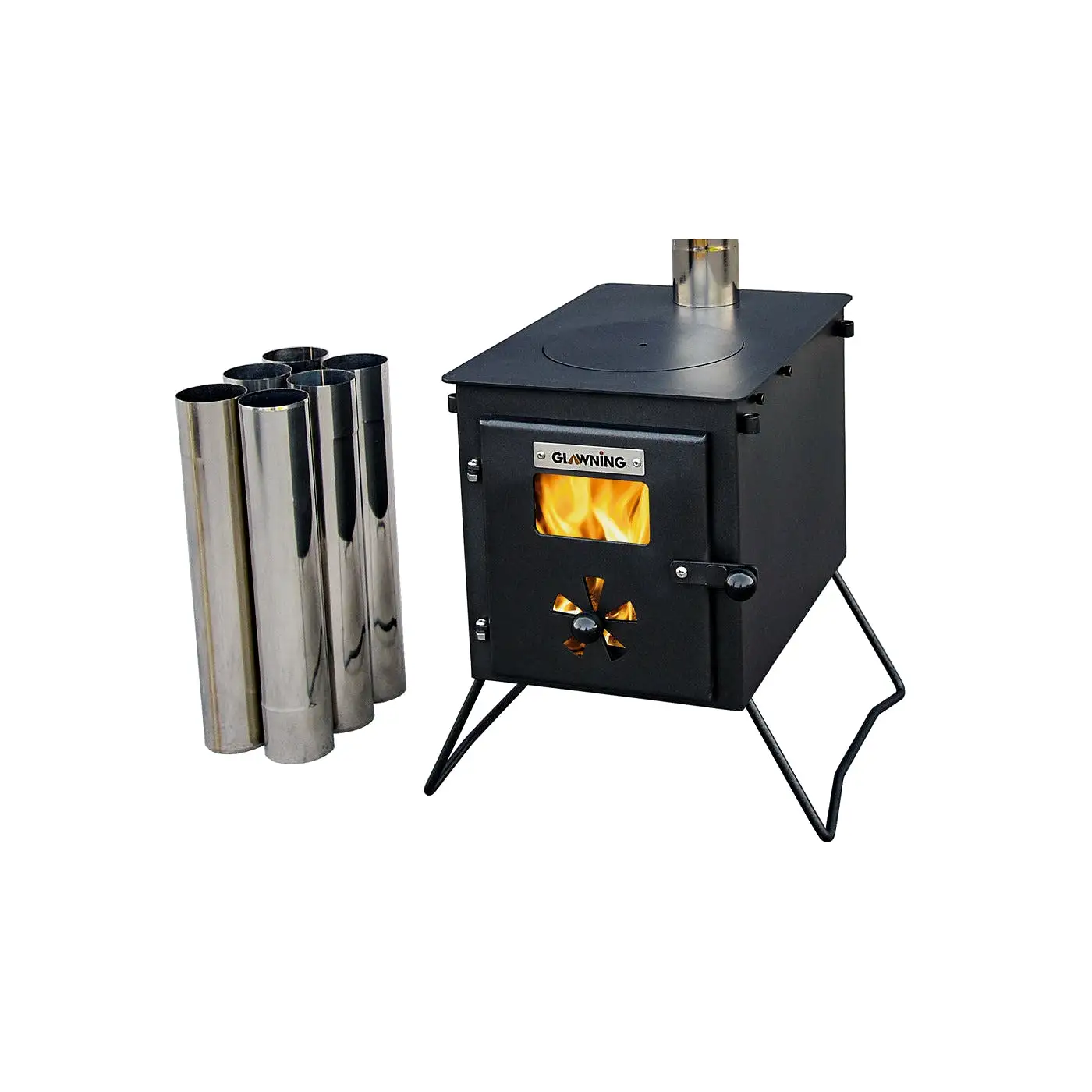 Black 'Glow' Stove: Portable Woodburner with Carry Bag, Racks, Flue Pieces, Spark Arrestor