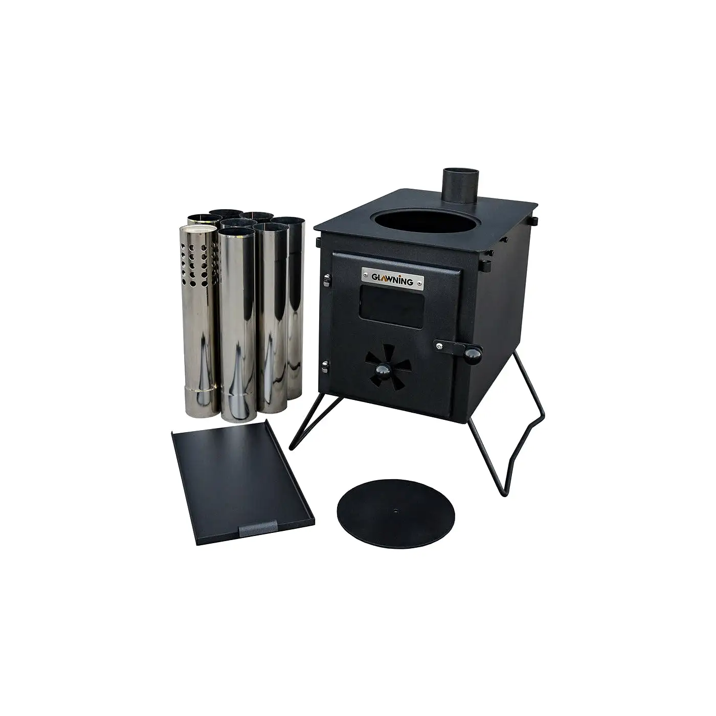 Black 'Glow' Stove: Portable Woodburner with Carry Bag, Racks, Flue Pieces, Spark Arrestor