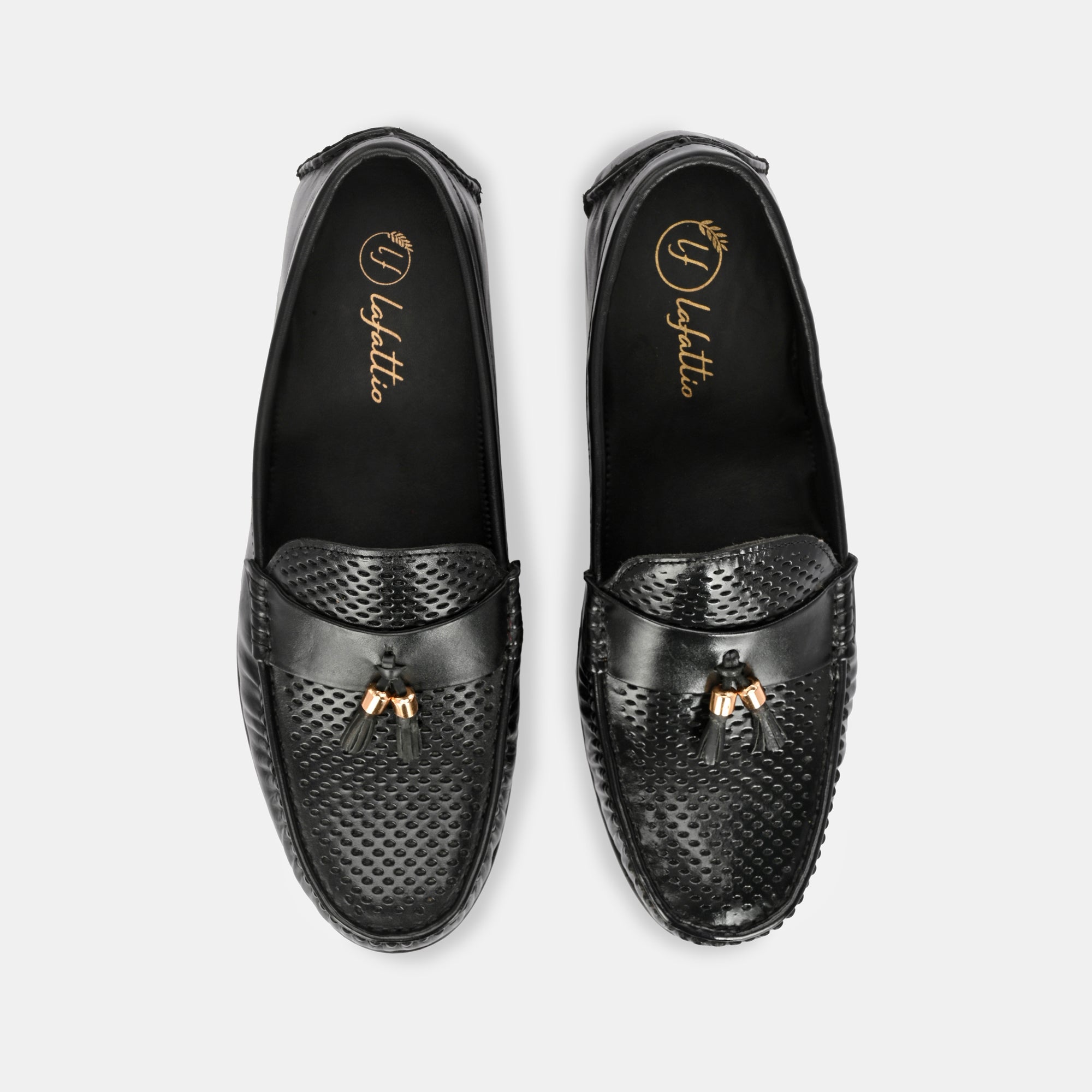 Black Perforated Tassel Loafers by Lafattio