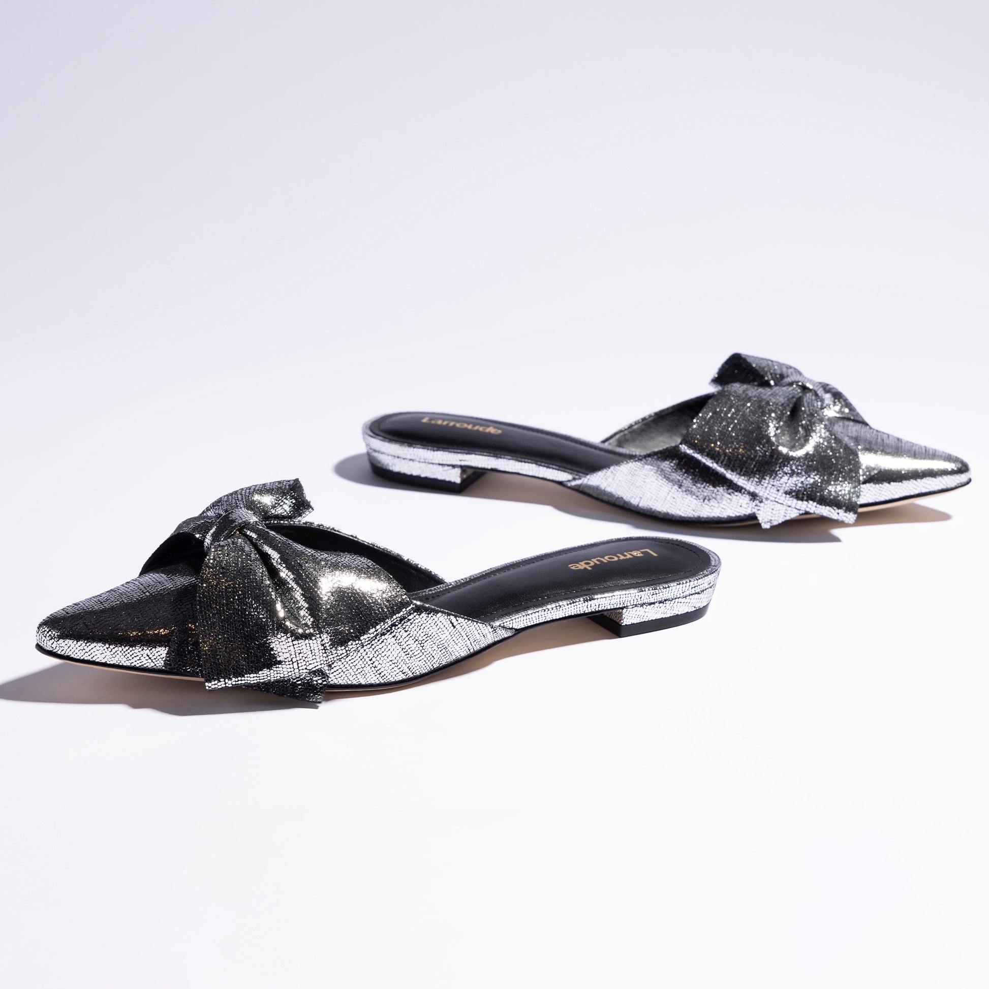 Elle Flat Mule In Silver Cracked Metallic Leather