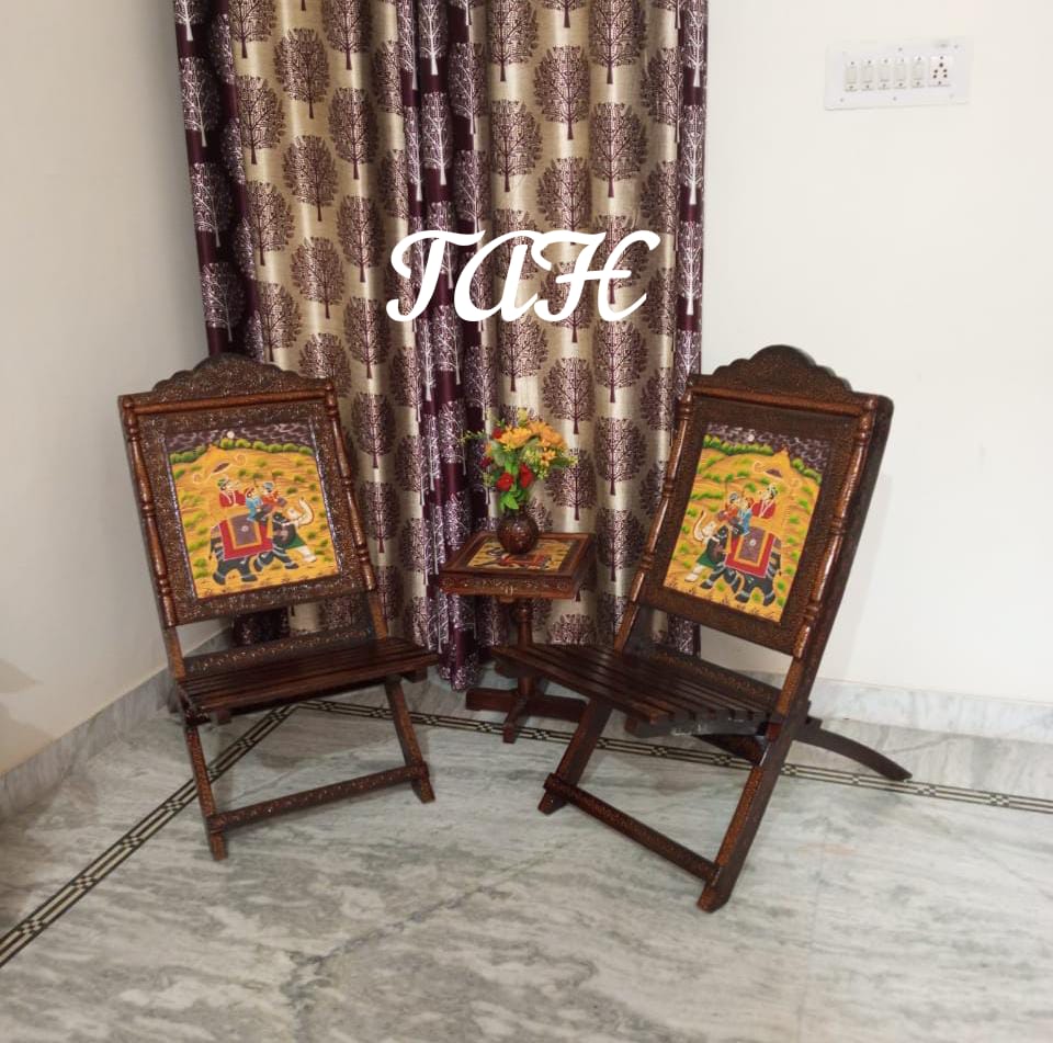 Embossed Hand Painted Mango Wood Chairs and Table set-MK001TCS