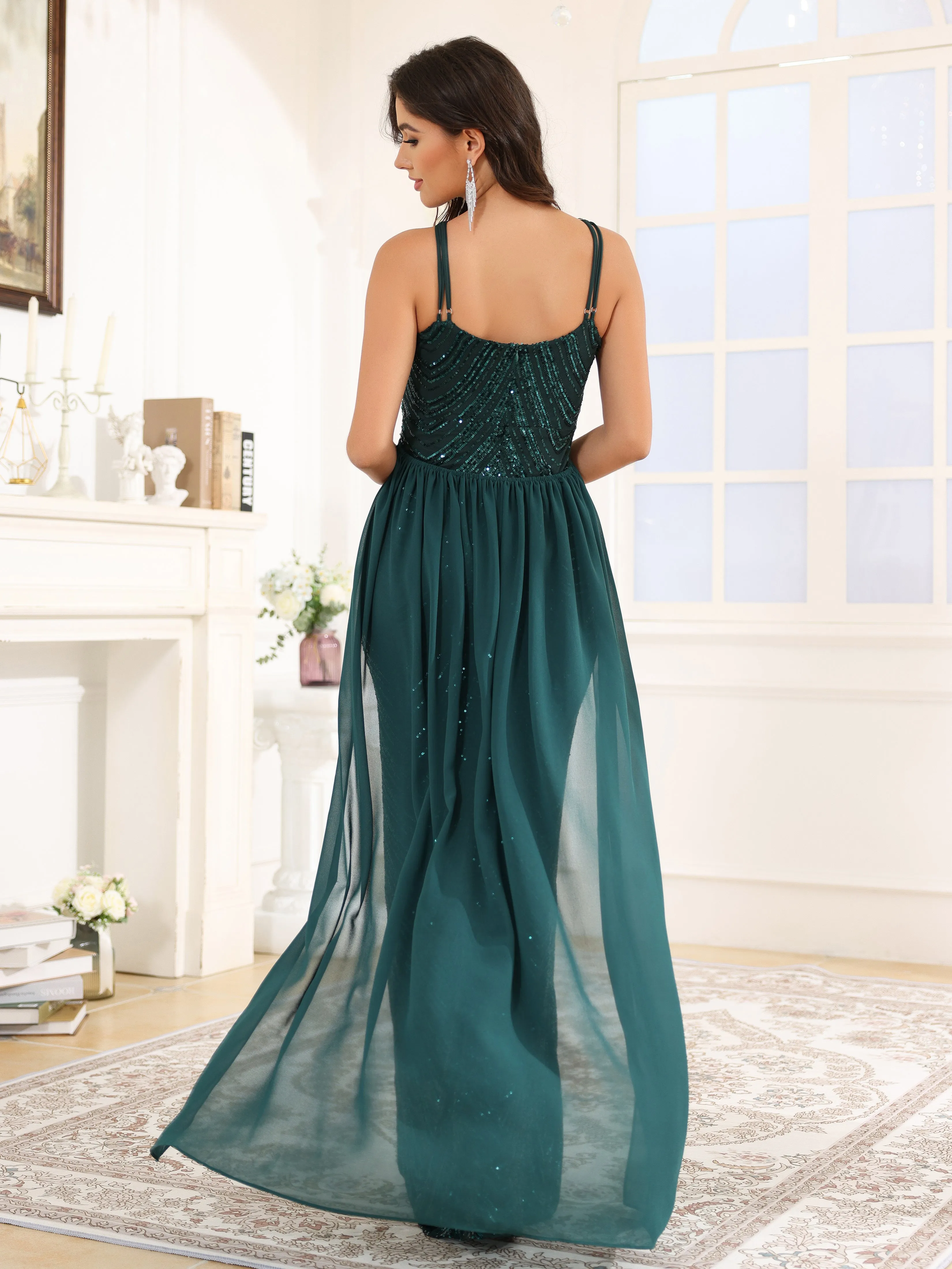 Fourreau détachable Paillettes Robe de Soirée VERT FONCE