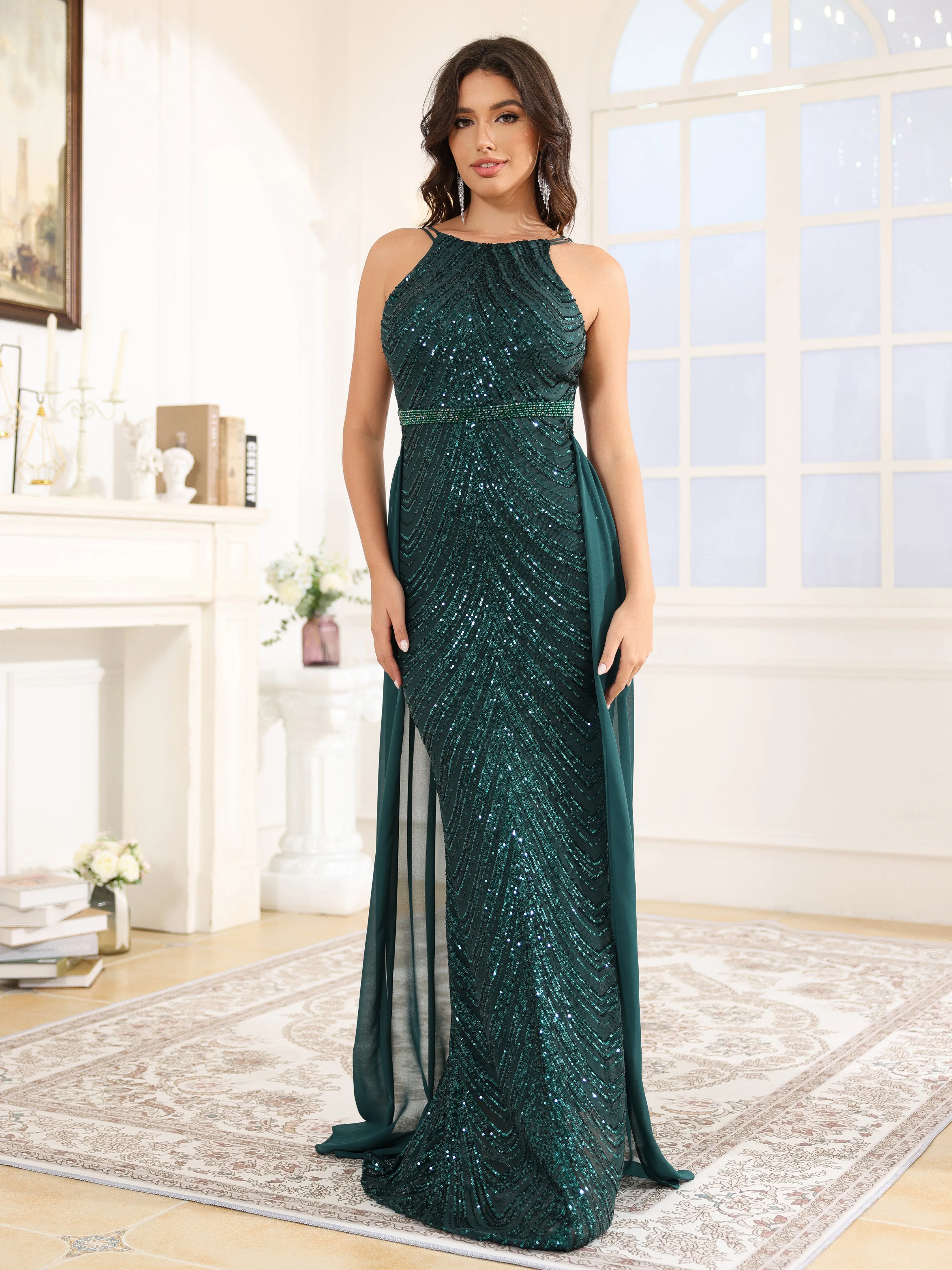 Fourreau détachable Paillettes Robe de Soirée VERT FONCE