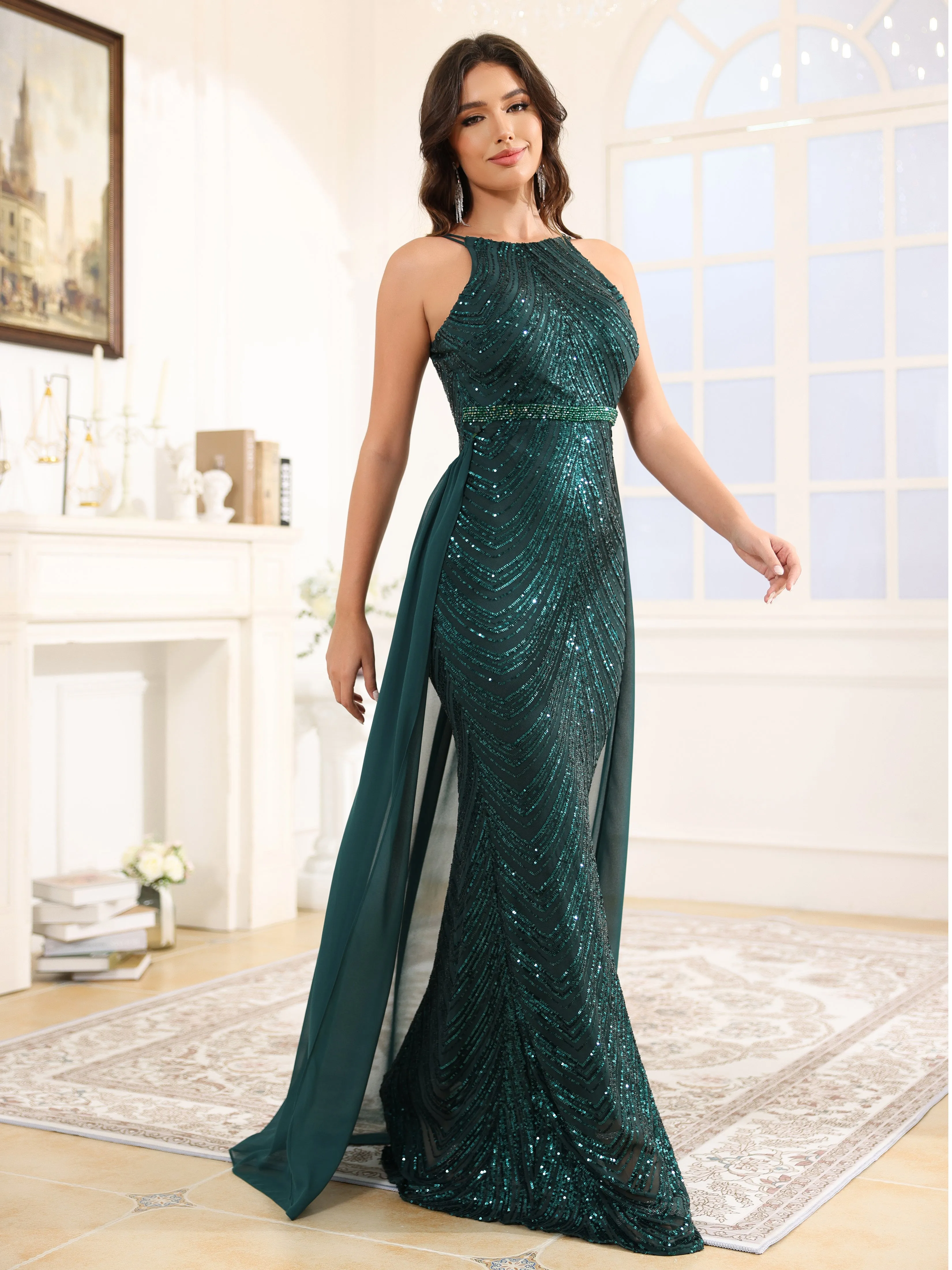 Fourreau détachable Paillettes Robe de Soirée VERT FONCE