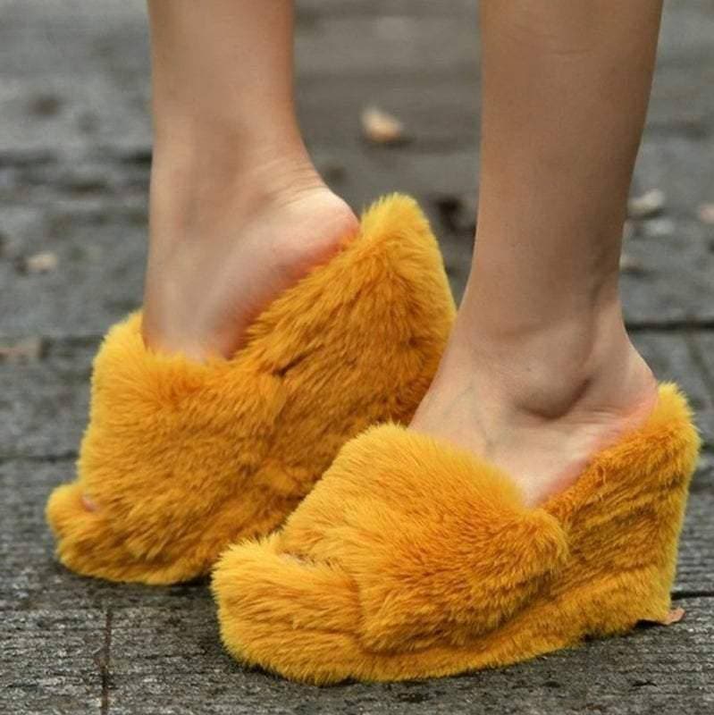 Fur Wedge Heel Slippers