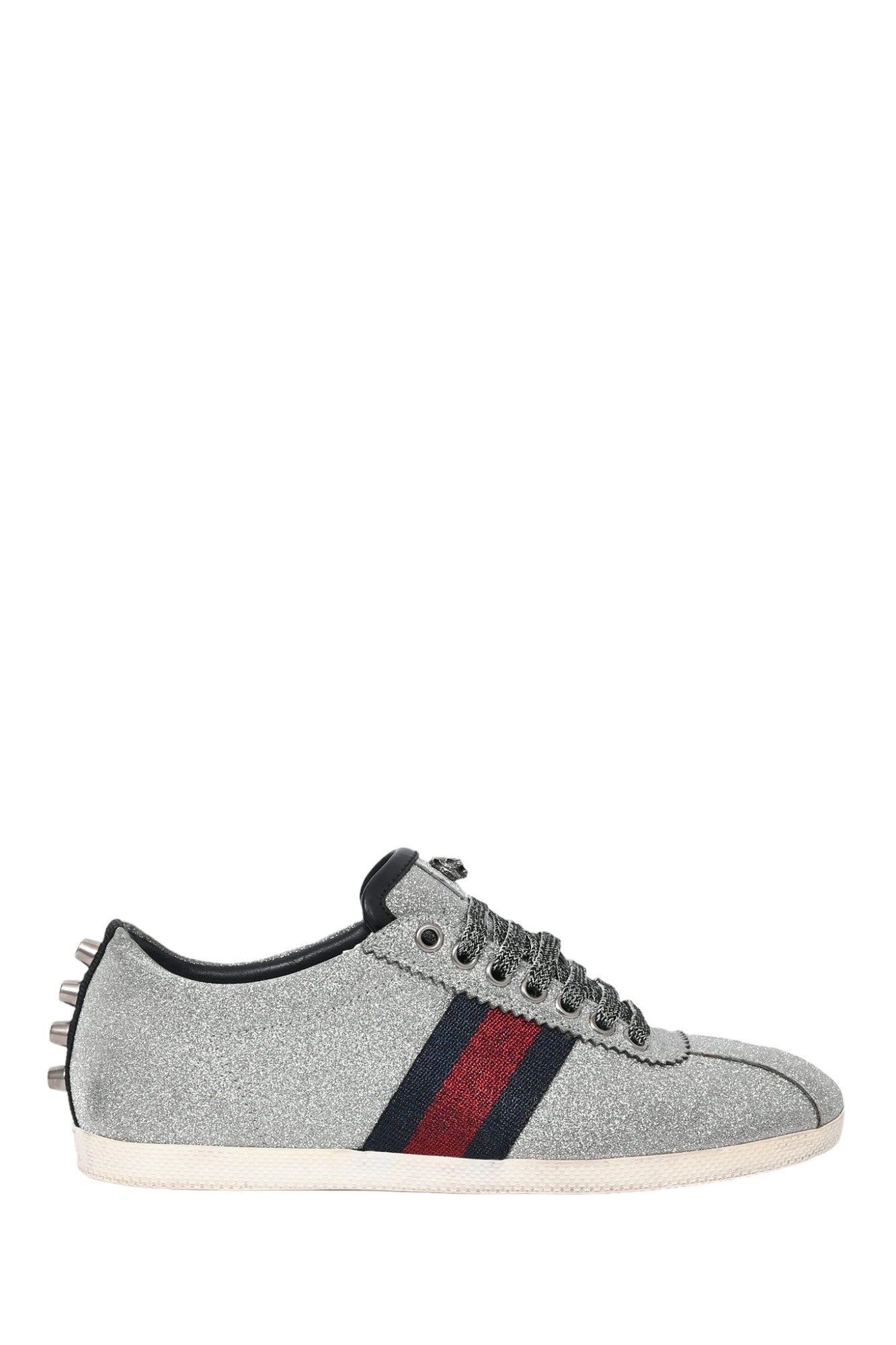 Gucci Silver Metallic Web/Stud Accent Sneakers Size 37.5