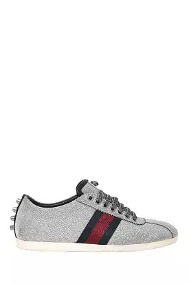 Gucci Silver Metallic Web/Stud Accent Sneakers Size 37.5