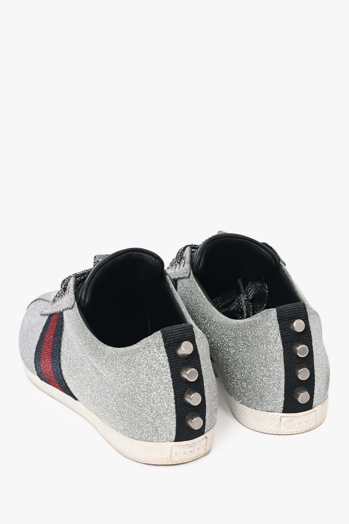 Gucci Silver Metallic Web/Stud Accent Sneakers Size 37.5