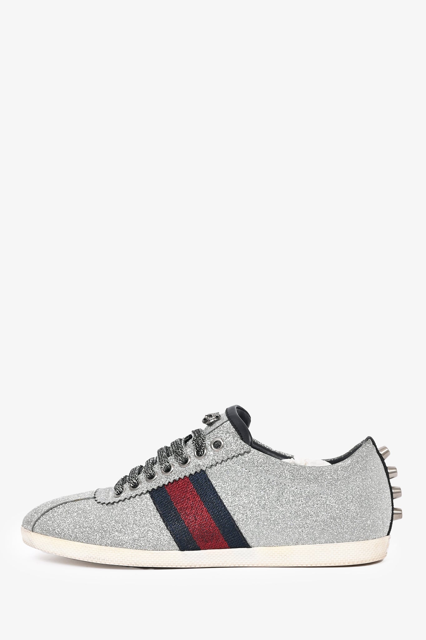 Gucci Silver Metallic Web/Stud Accent Sneakers Size 37.5