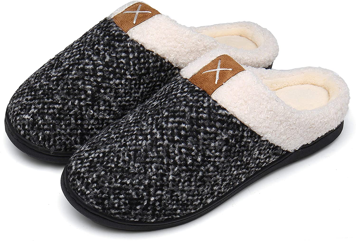 Haute Edition Tweed Cozy Faux Fur Lined Scuff Clog Indoor Outdoor Slippers