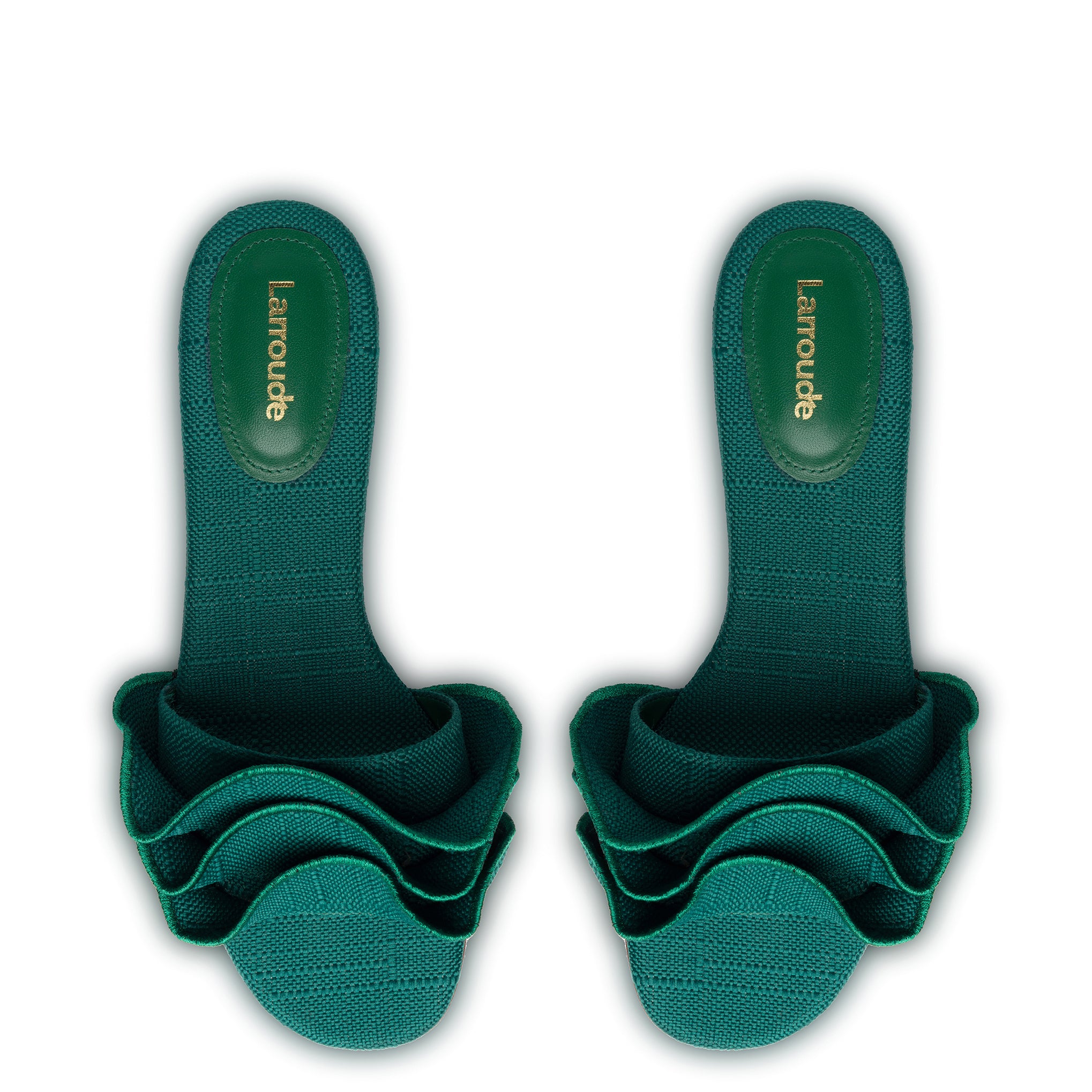 Ivy Ruffle Flat Mule In Emerald Raffia