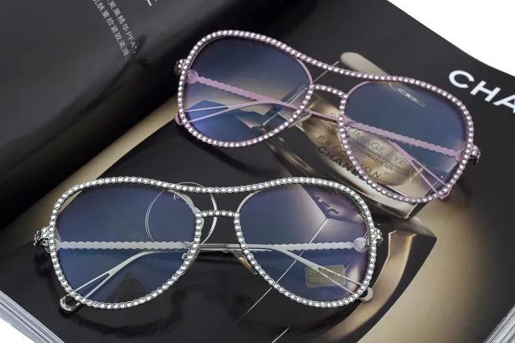 Luxury Fashion Diamond Metal Shades Clear Lens Female Sunglasses