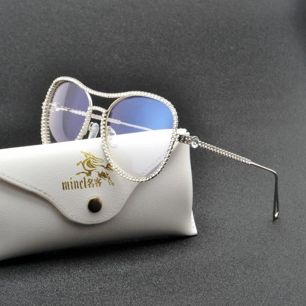 Luxury Fashion Diamond Metal Shades Clear Lens Female Sunglasses