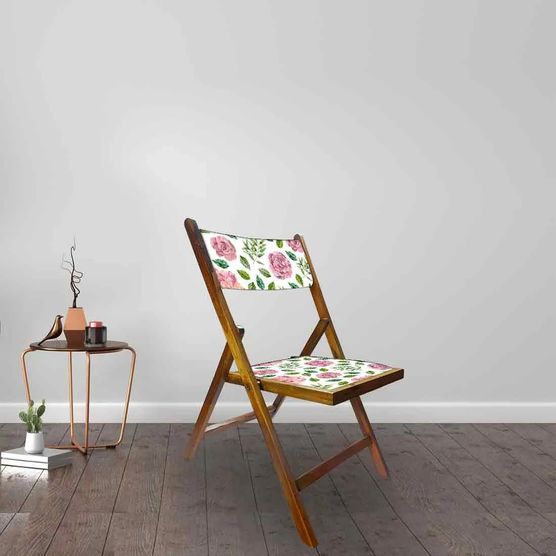 Nutcase Foldable Wooden Chairs With Cushion Seat - Pink Floral Leaves