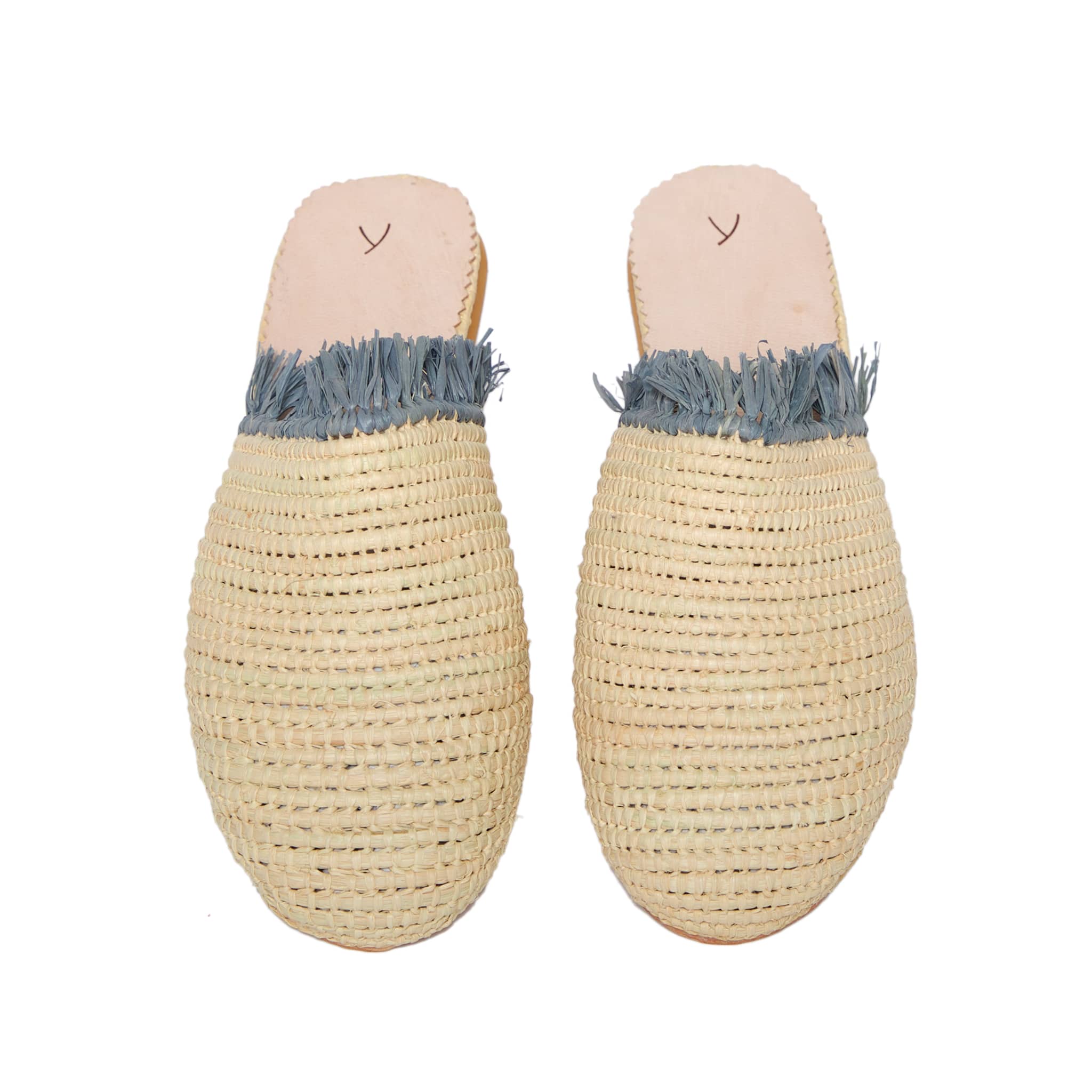 Raffia Slippers with Fringes in Beige, Grey