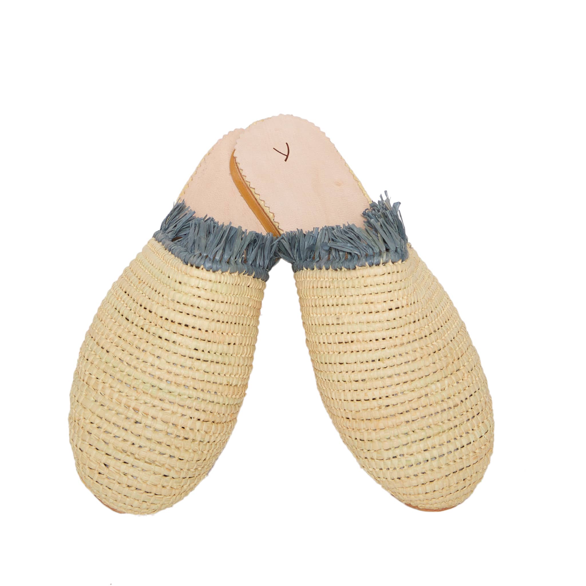 Raffia Slippers with Fringes in Beige, Grey