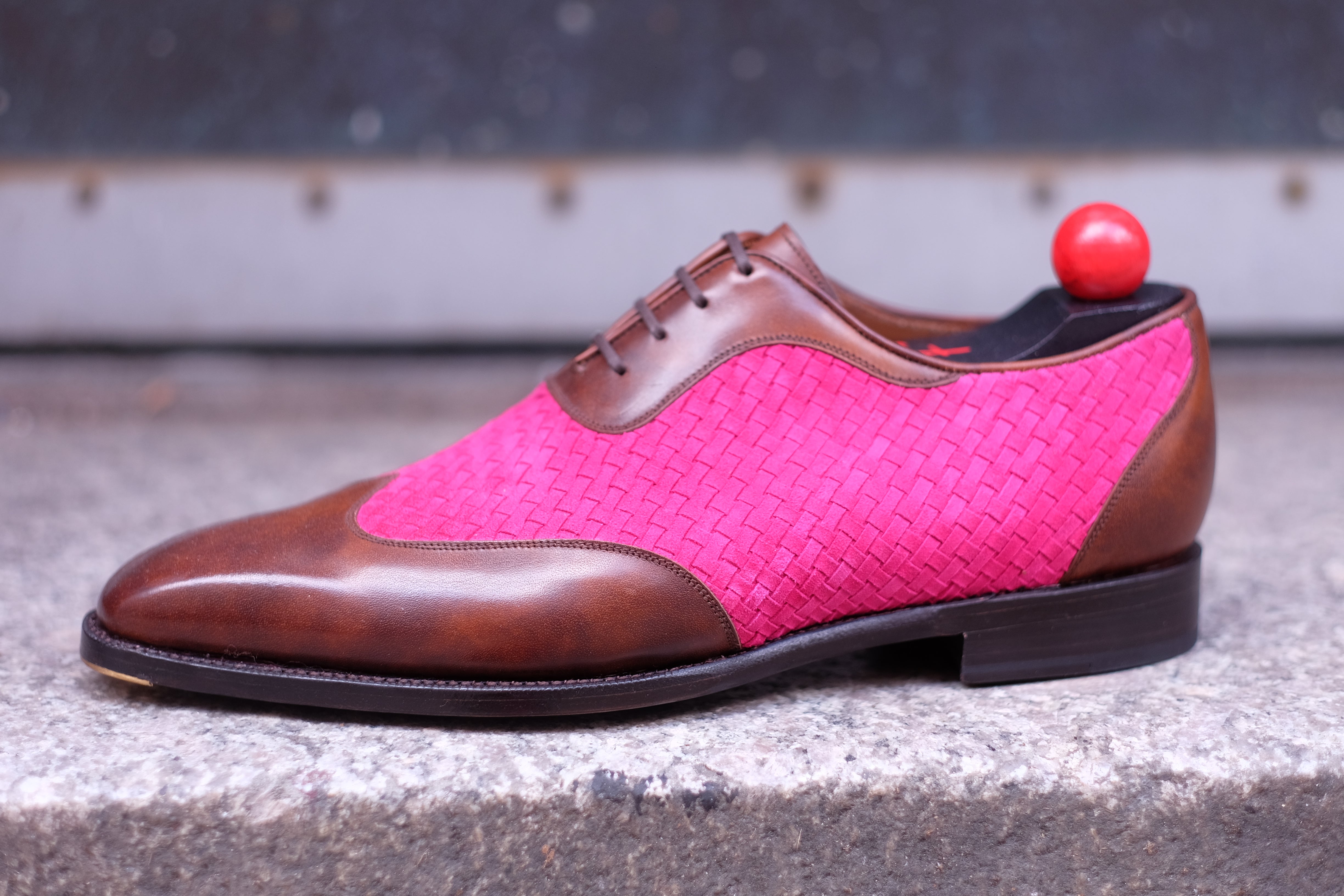 Rainier - MTO - Walnut Museum Calf / Hot Pink Braided Suede - LPB Last - Single Leather Sole