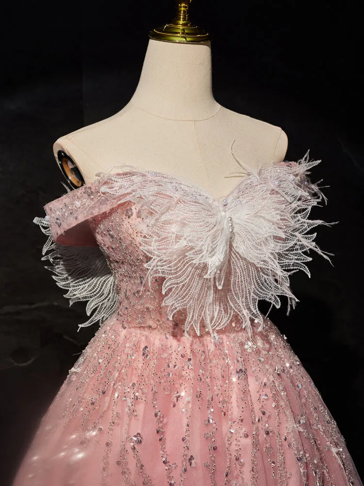 Robe de Soirée Rose à Épaules Dénudées Tulle Longueur Genou