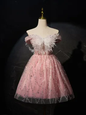 Robe de Soirée Rose à Épaules Dénudées Tulle Longueur Genou