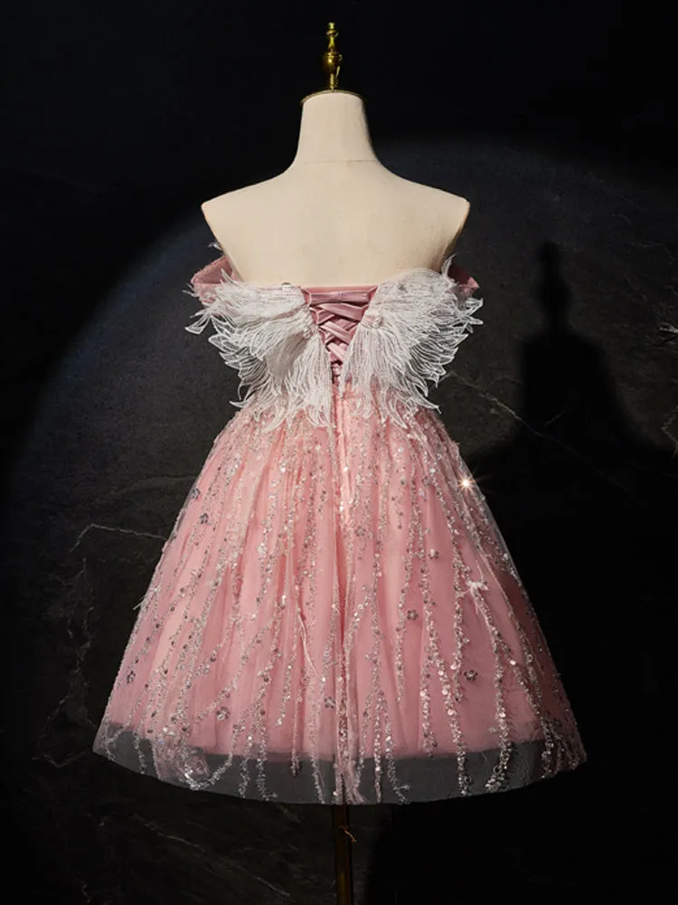 Robe de Soirée Rose à Épaules Dénudées Tulle Longueur Genou