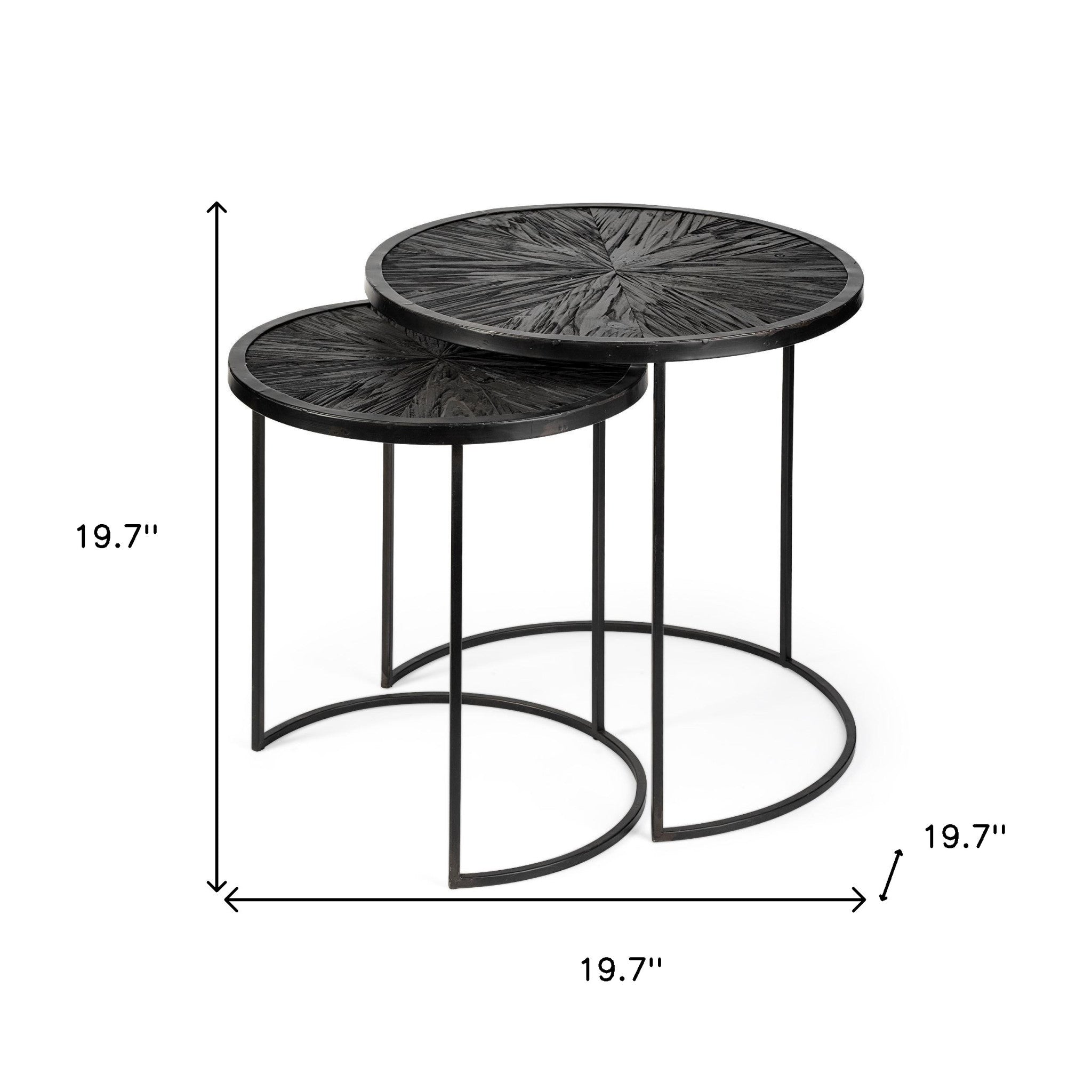 Set Of 2 Dark Wood Round Top Accent Tables With Black Iron Frame