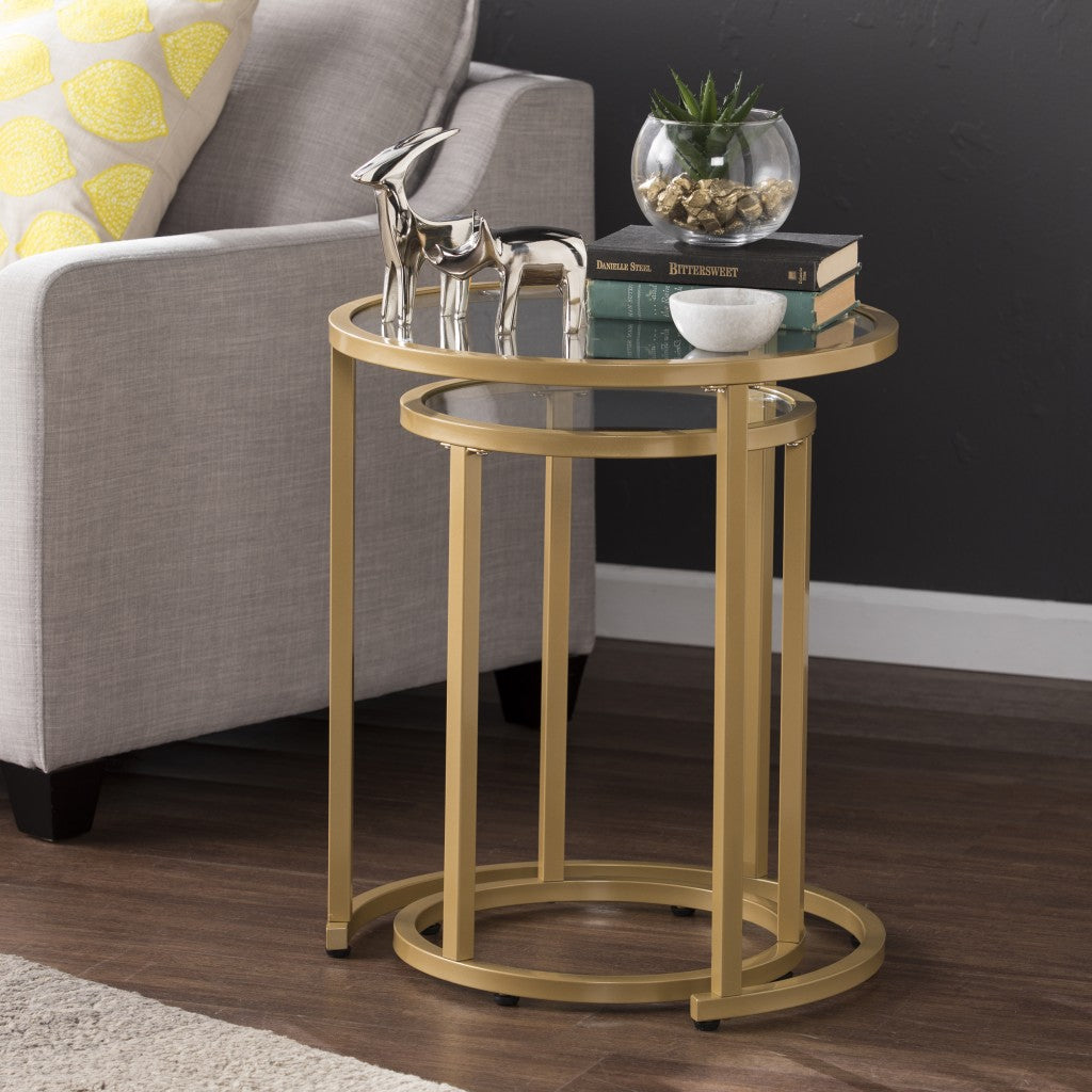 Set Of Two 23 Gold Glass And Steel Round Nested Tables