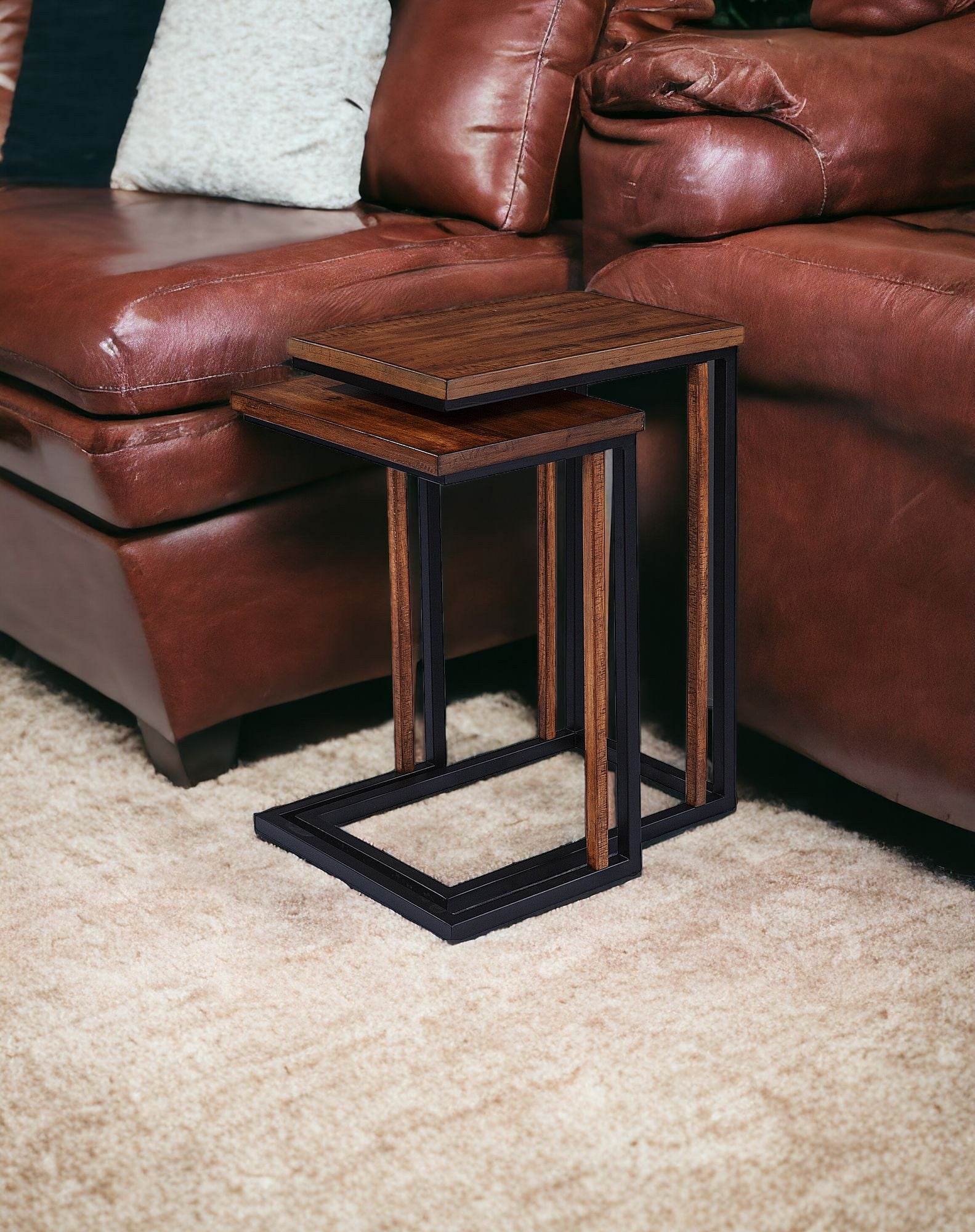 Set Of Two 25 Brown Solid Wood Rectangular Nested End Tables