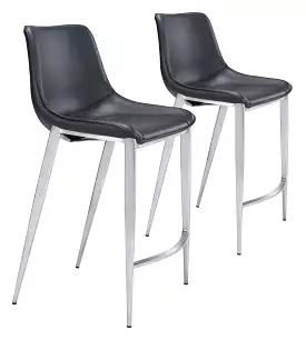 Set of Two 26 Black And Silver Steel Low Back Counter Height Bar Chairs