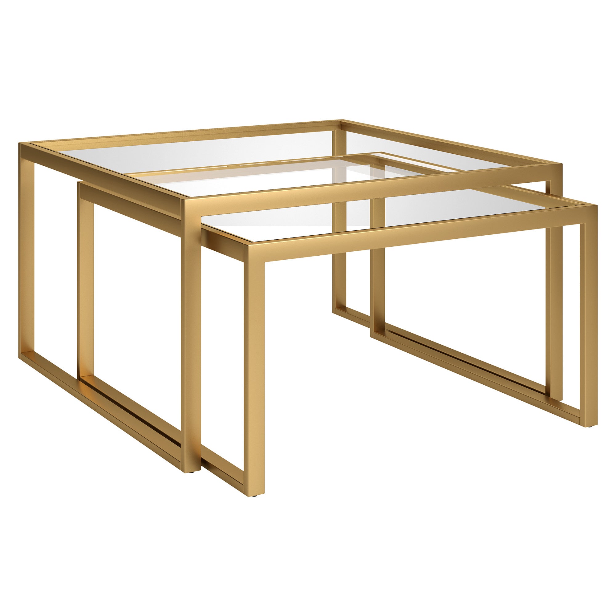 Set of Two 30 Gold Glass And Steel Square Nested Coffee Tables