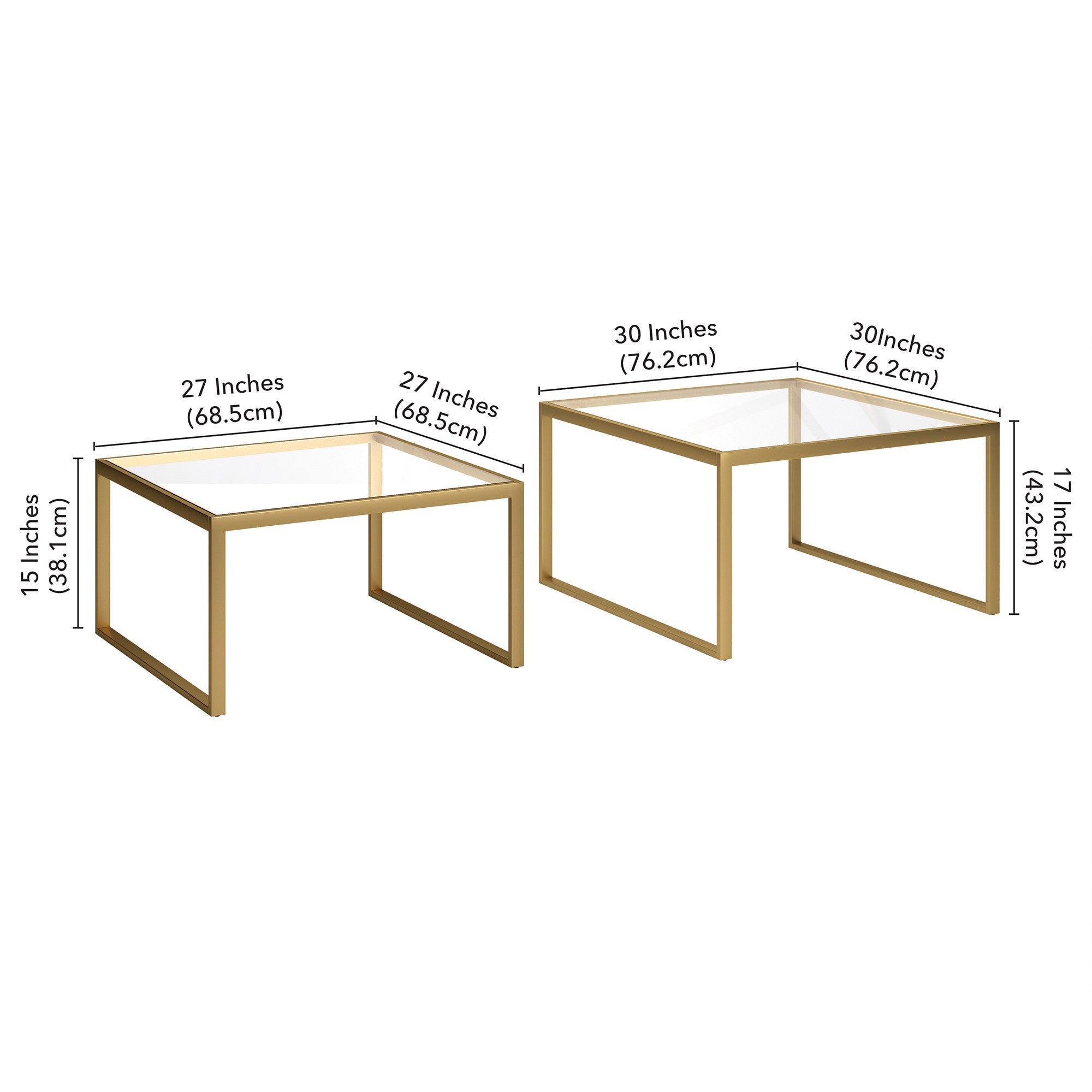 Set of Two 30 Gold Glass And Steel Square Nested Coffee Tables