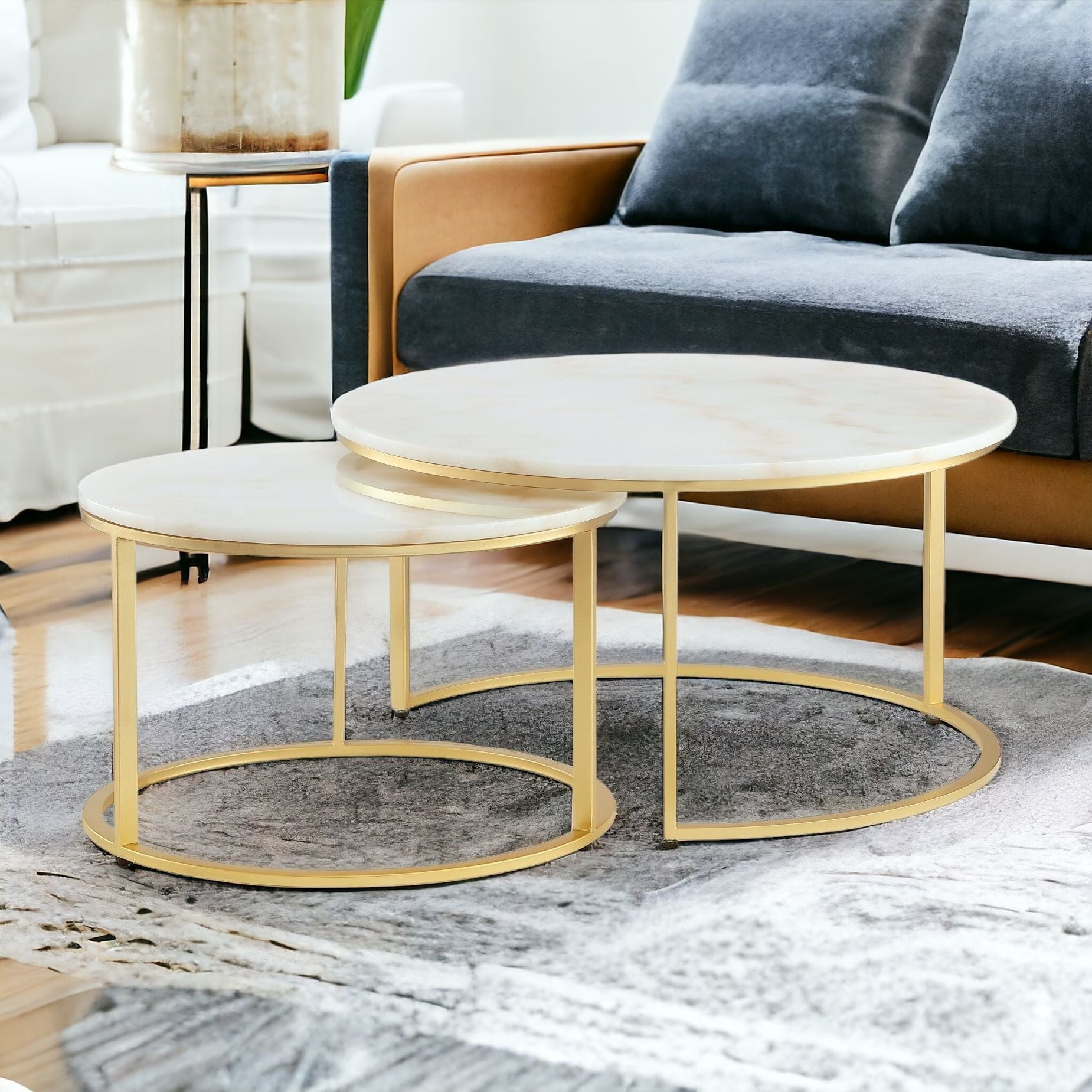 Set of Two 31 White And Gold Genuine Marble And Iron Round Nested Coffee Tables