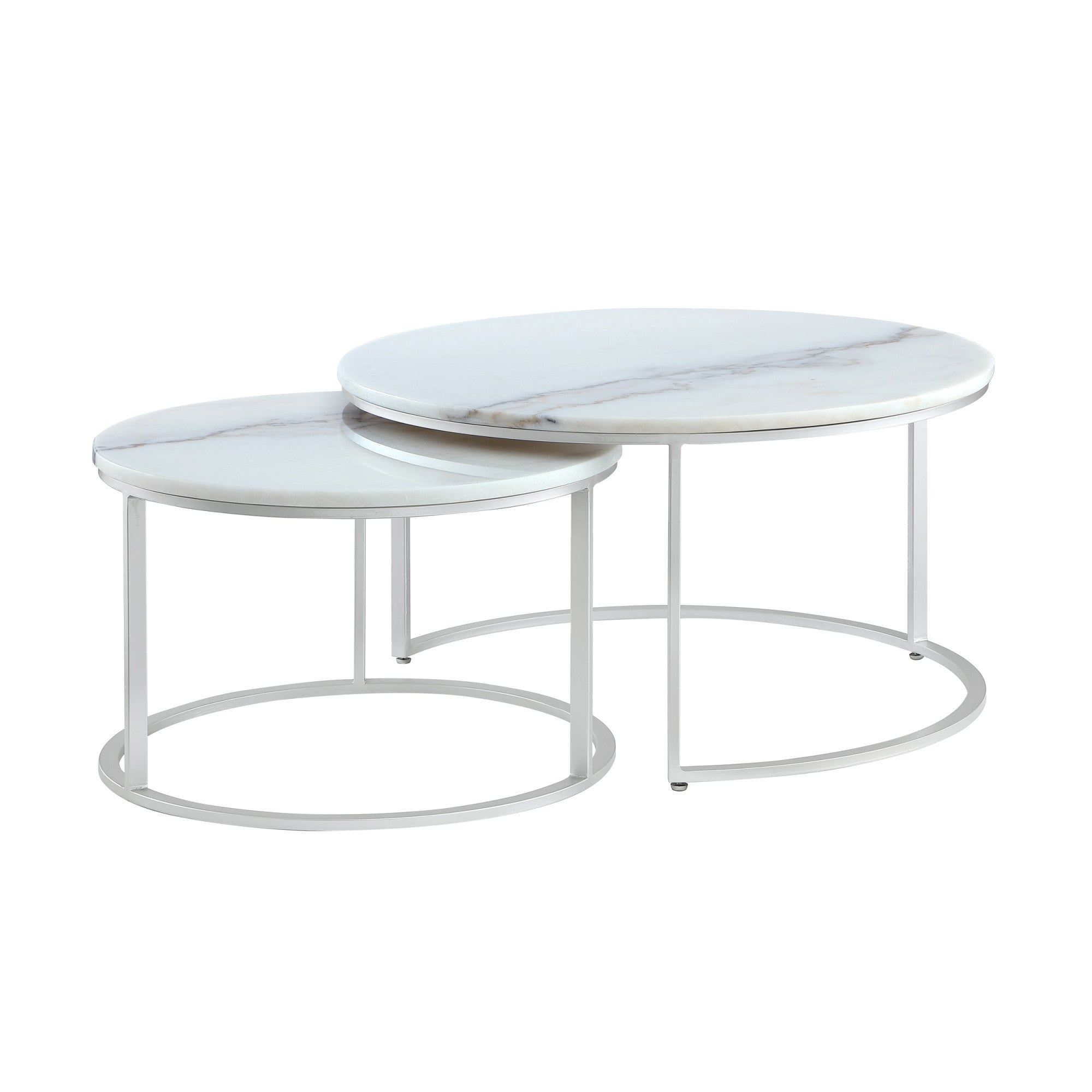 Set of Two 31 White And Gold Genuine Marble And Iron Round Nested Coffee Tables