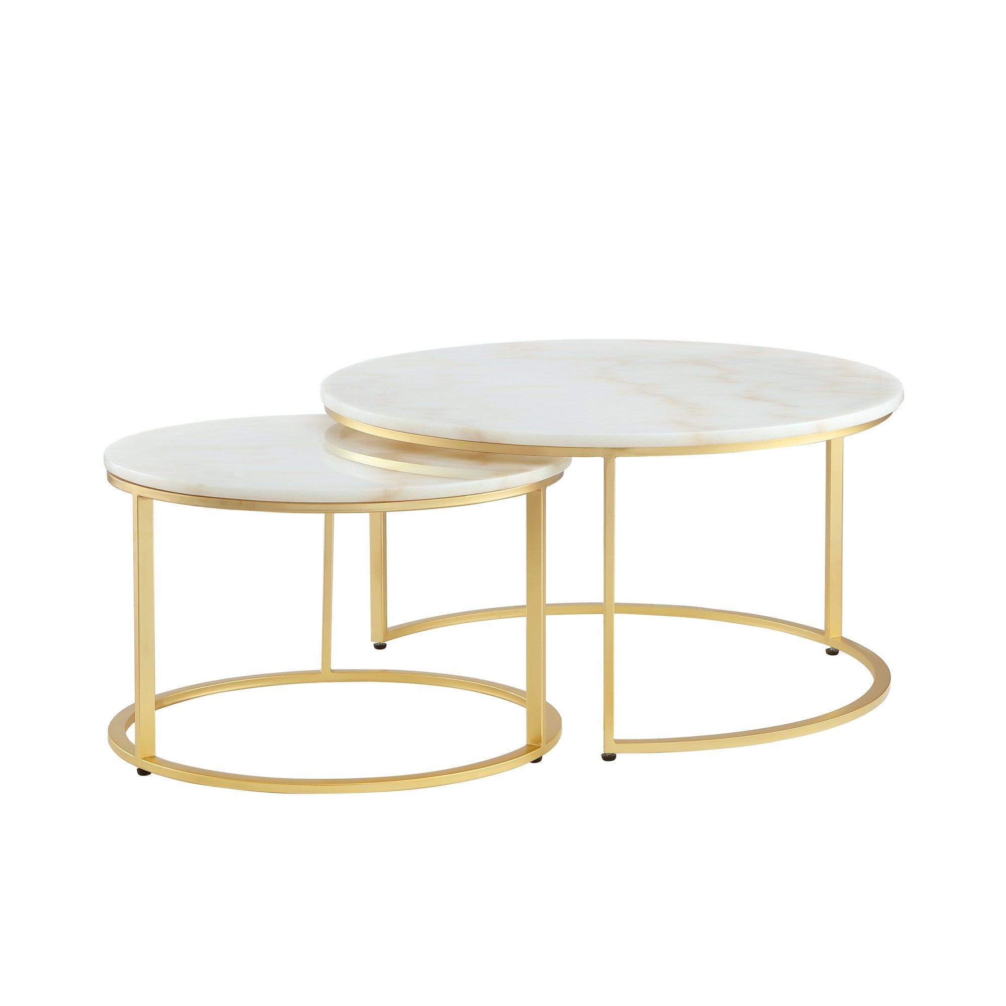 Set of Two 31 White And Gold Genuine Marble And Iron Round Nested Coffee Tables