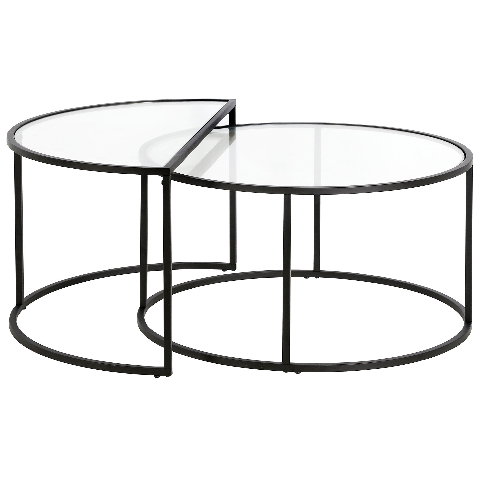 Set of Two 33 Black Glass And Steel Half Circle Nested Coffee Tables