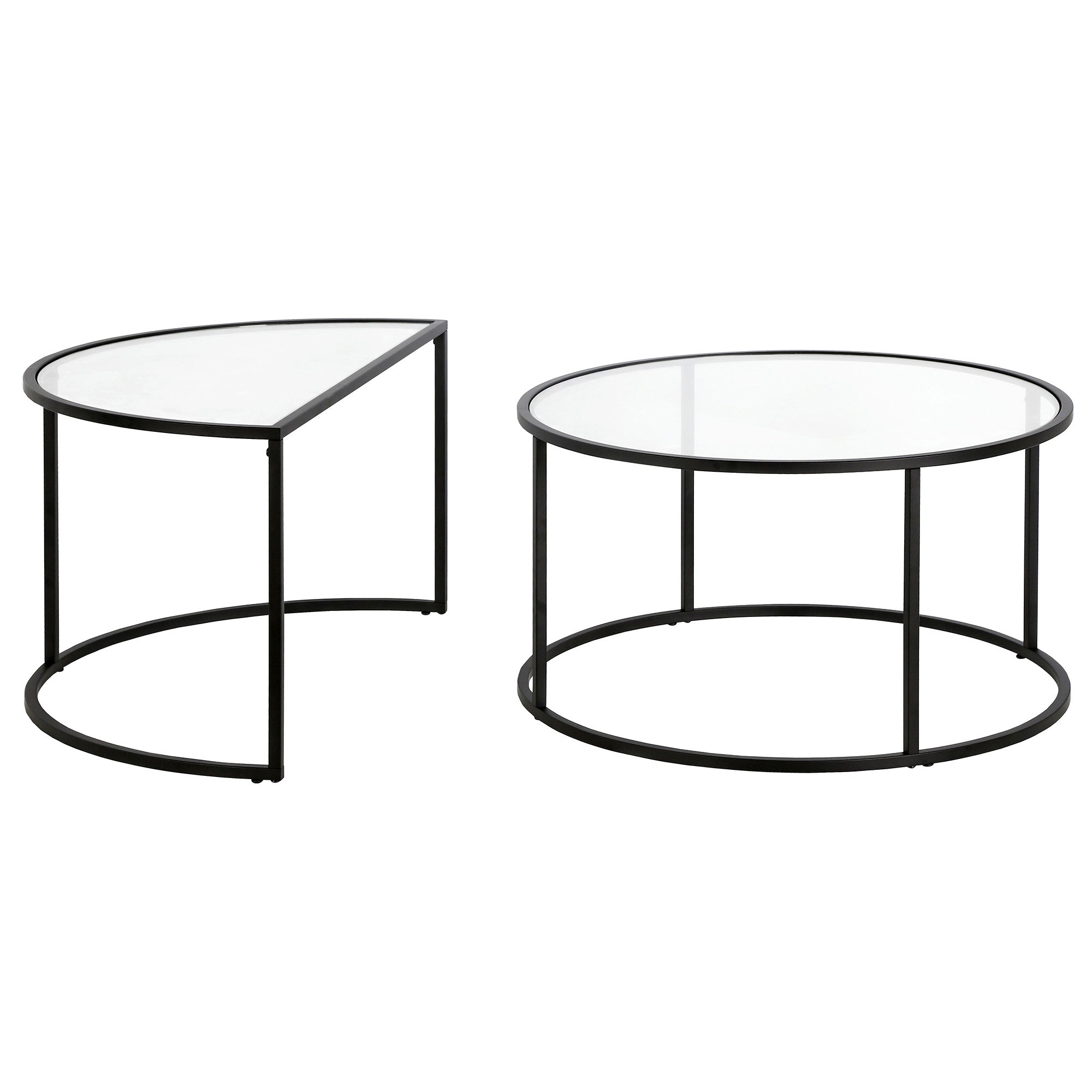 Set of Two 33 Black Glass And Steel Half Circle Nested Coffee Tables