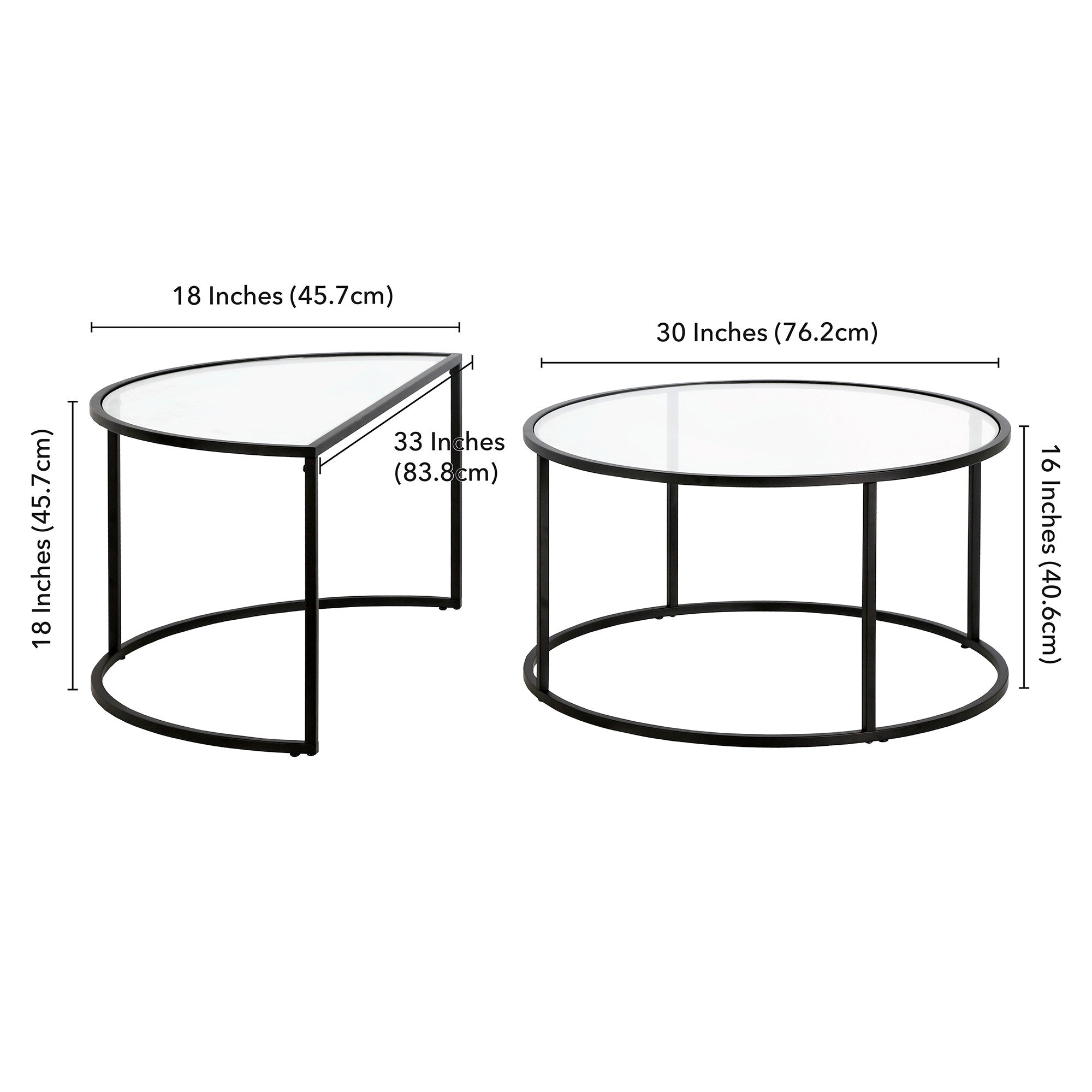 Set of Two 33 Black Glass And Steel Half Circle Nested Coffee Tables