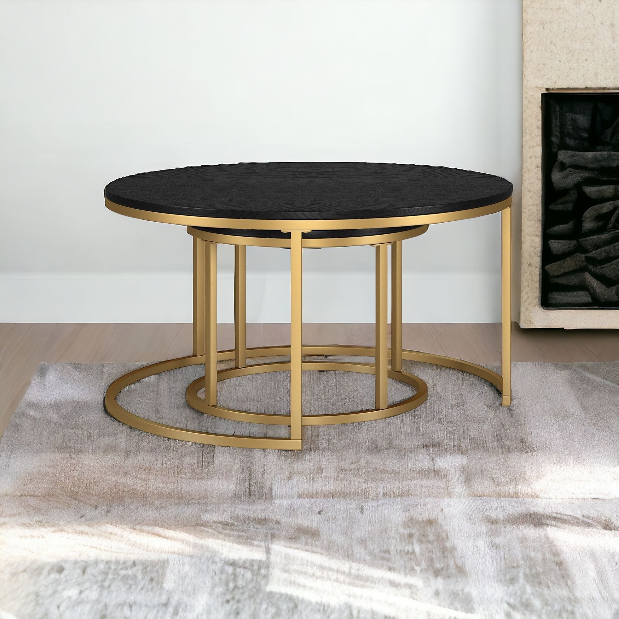 Set of Two 35 Black And Gold Steel Round Nested Coffee Tables