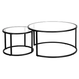 Set of Two 35 Black Glass And Steel Round Nested Coffee Tables