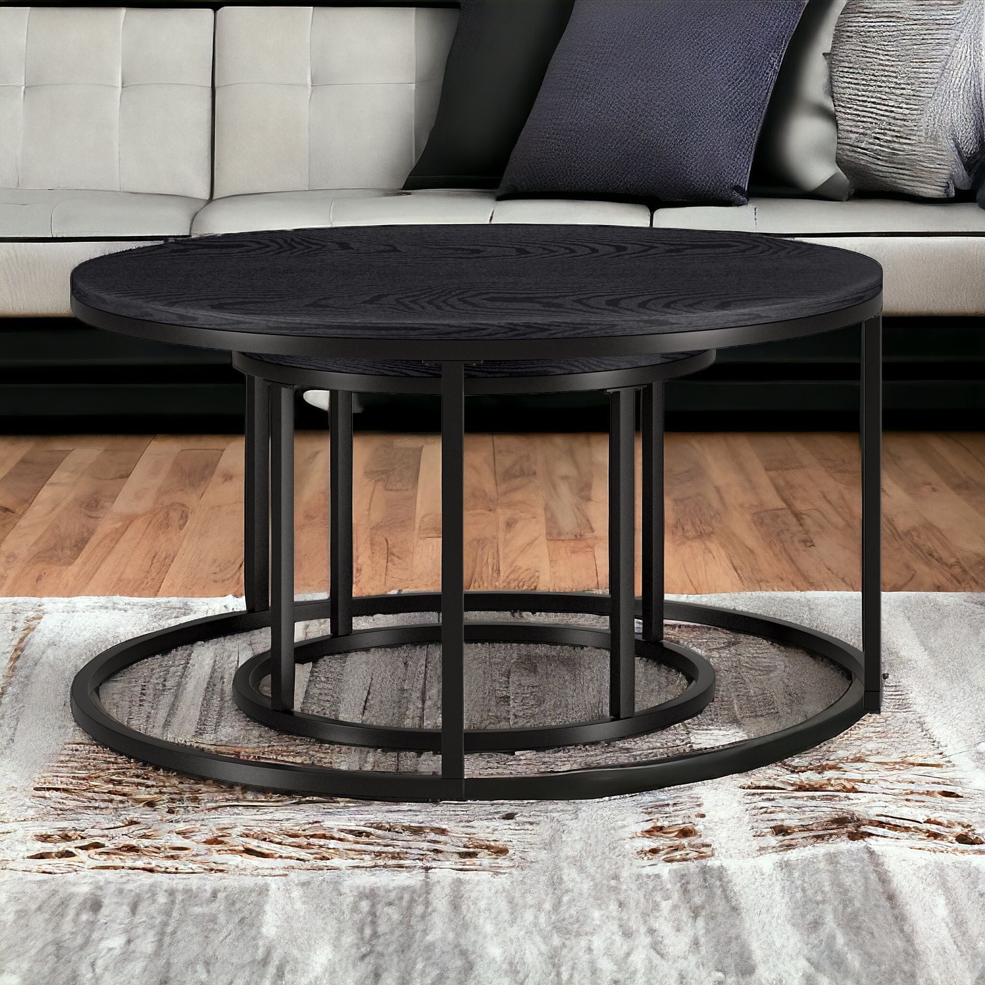 Set of Two 35 Black Steel Round Nested Coffee Tables