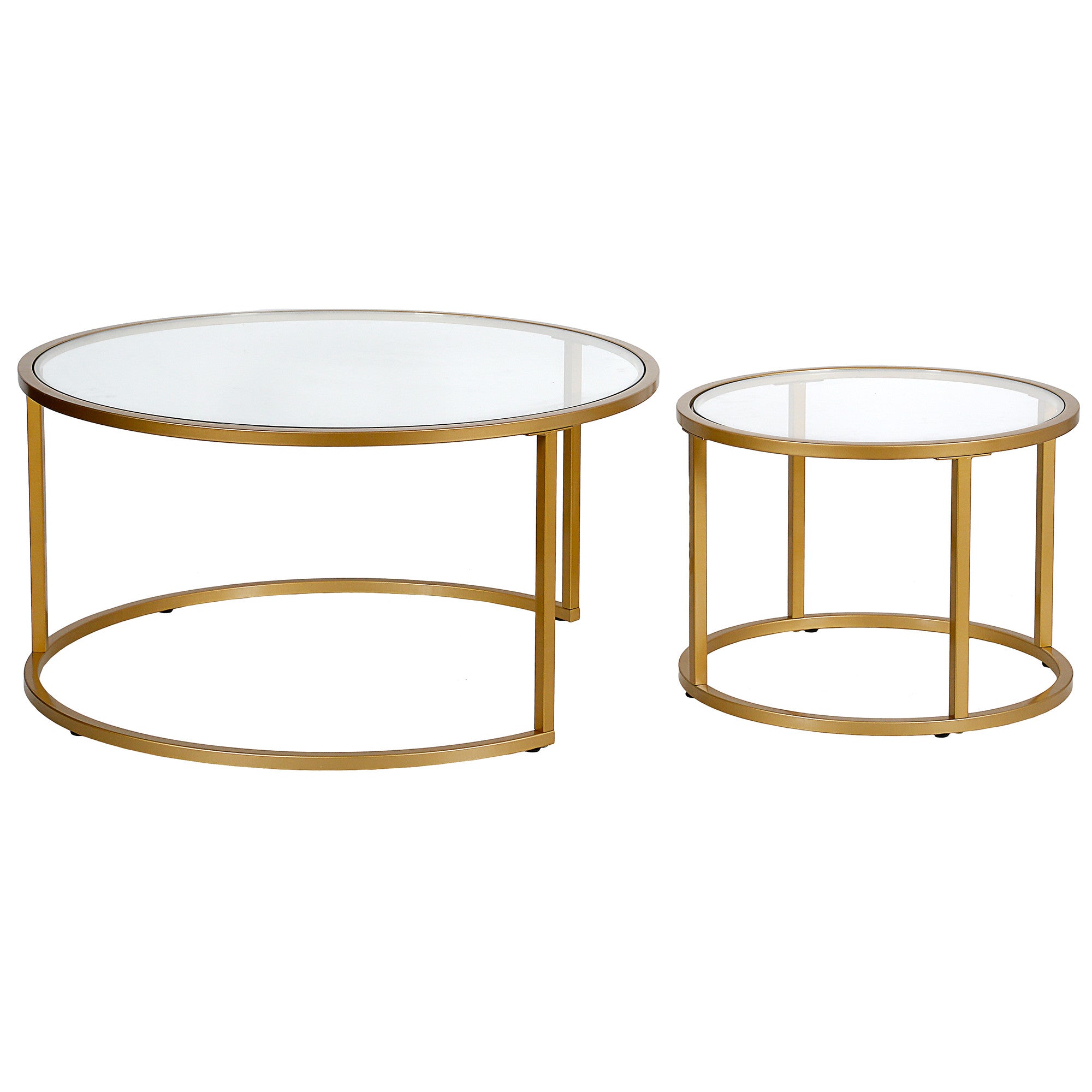 Set of Two 35 Gold Glass And Steel Round Nested Coffee Tables