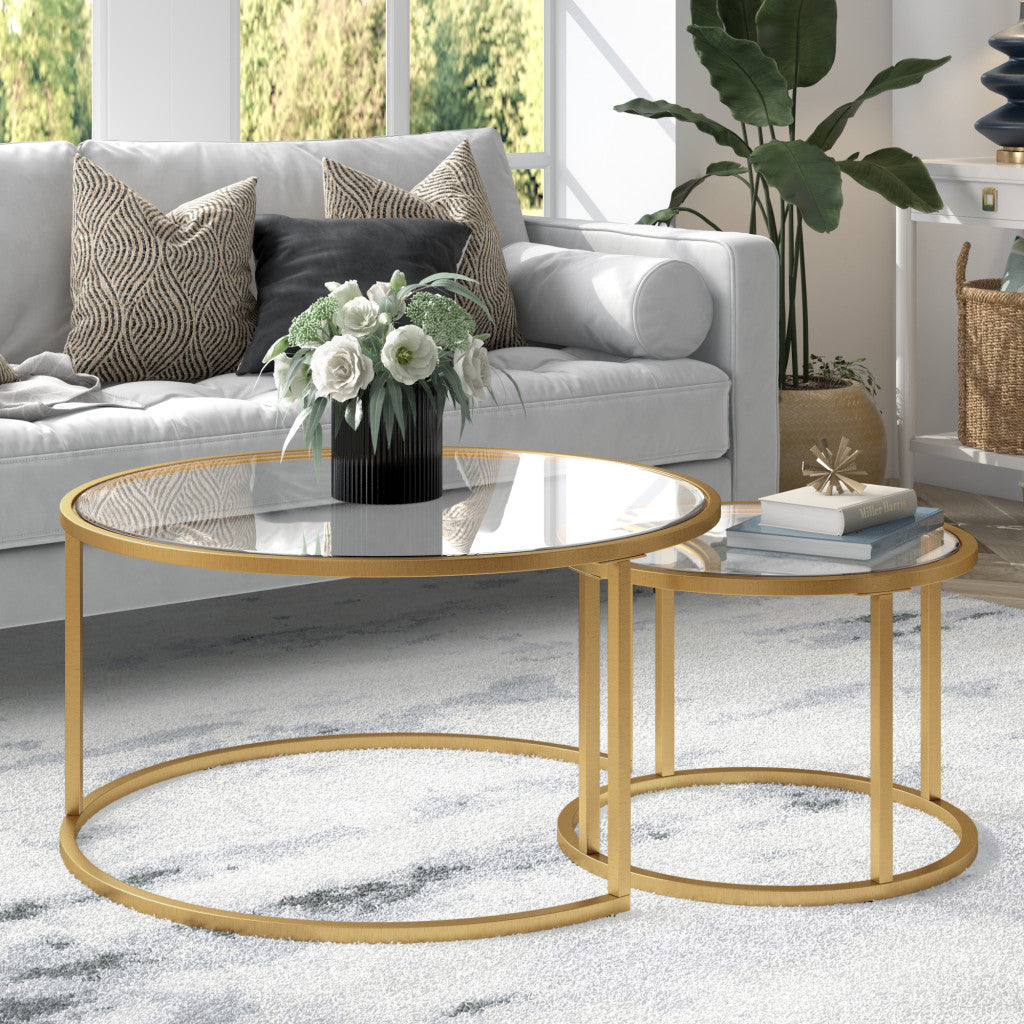 Set of Two 35 Gold Glass And Steel Round Nested Coffee Tables