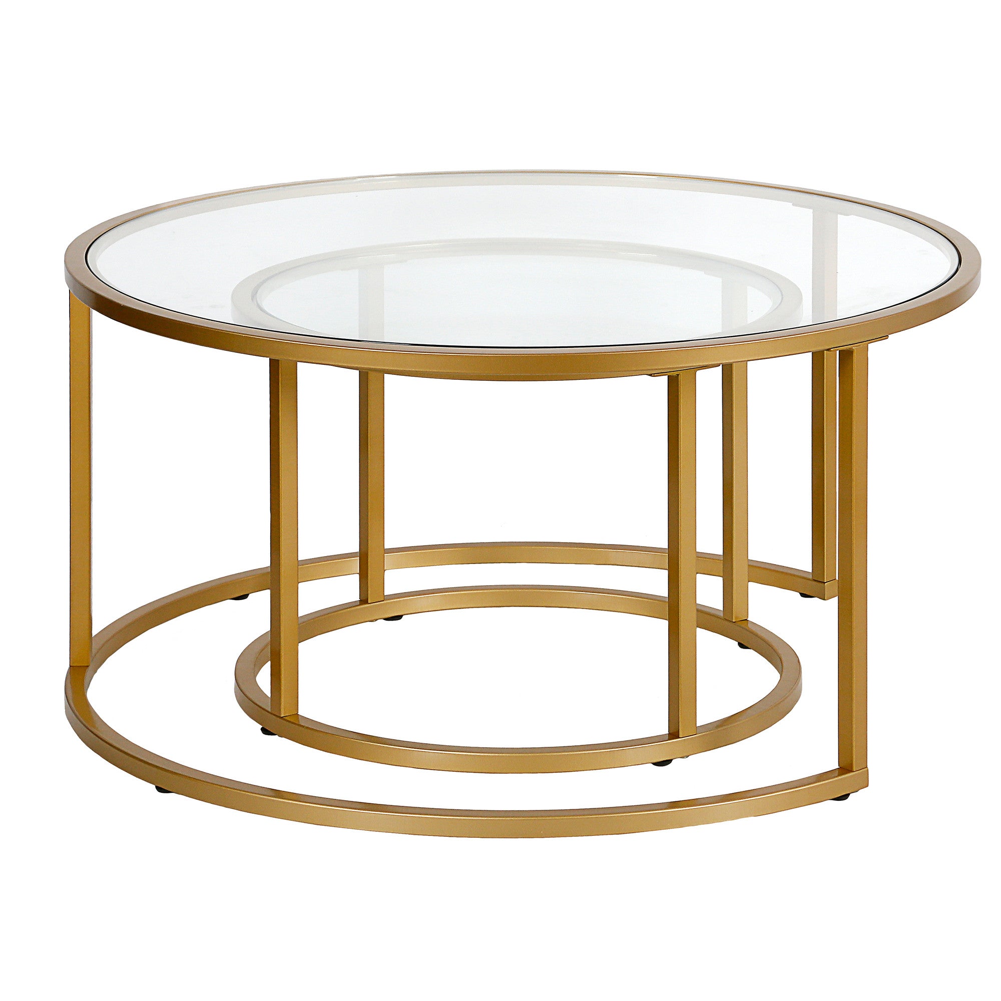 Set of Two 35 Gold Glass And Steel Round Nested Coffee Tables