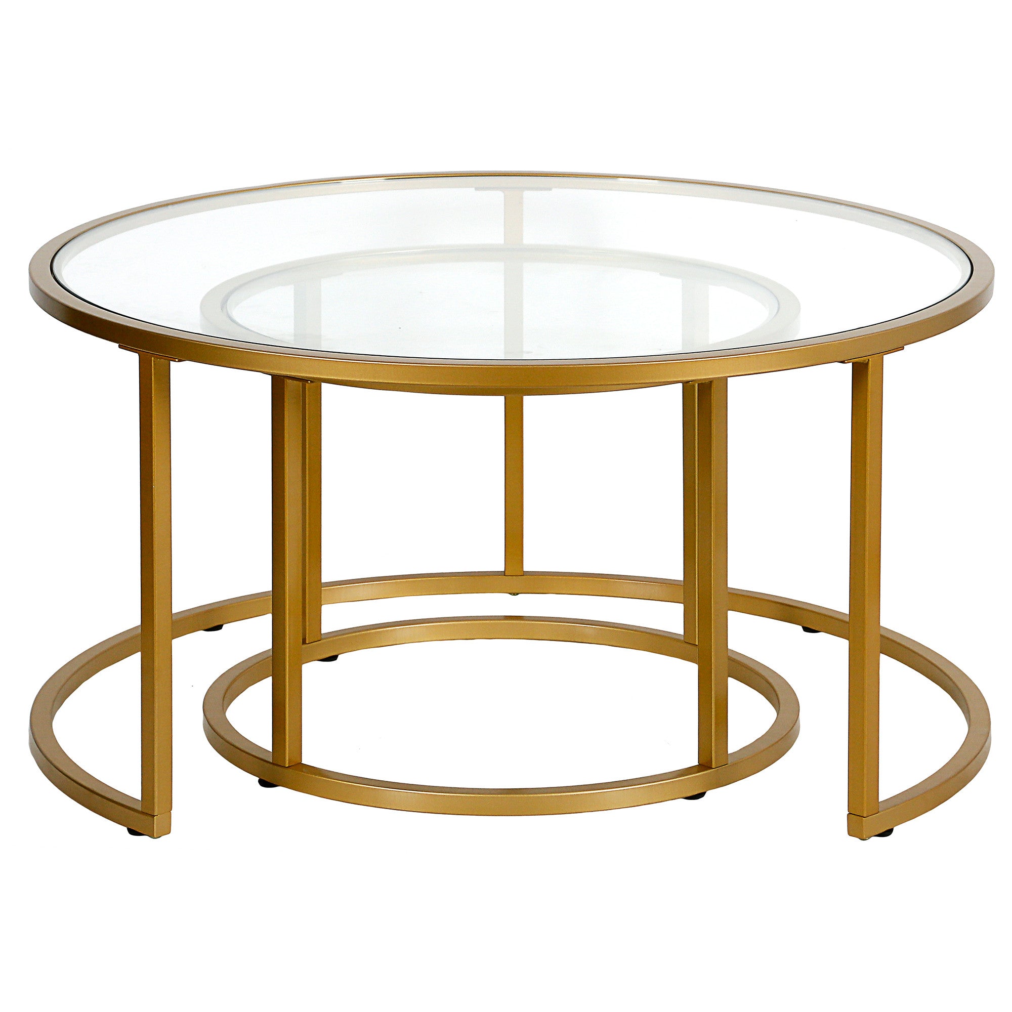 Set of Two 35 Gold Glass And Steel Round Nested Coffee Tables