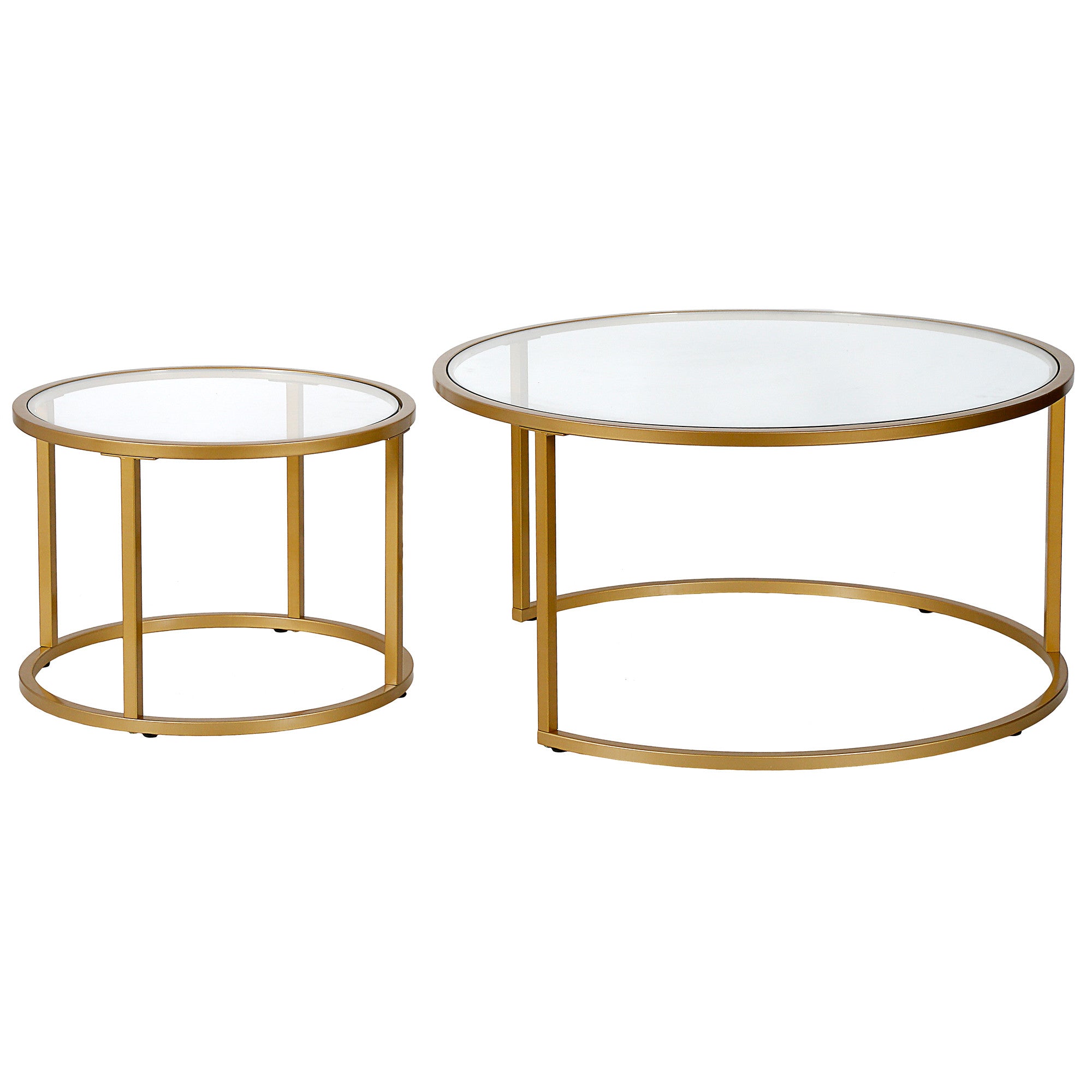 Set of Two 35 Gold Glass And Steel Round Nested Coffee Tables