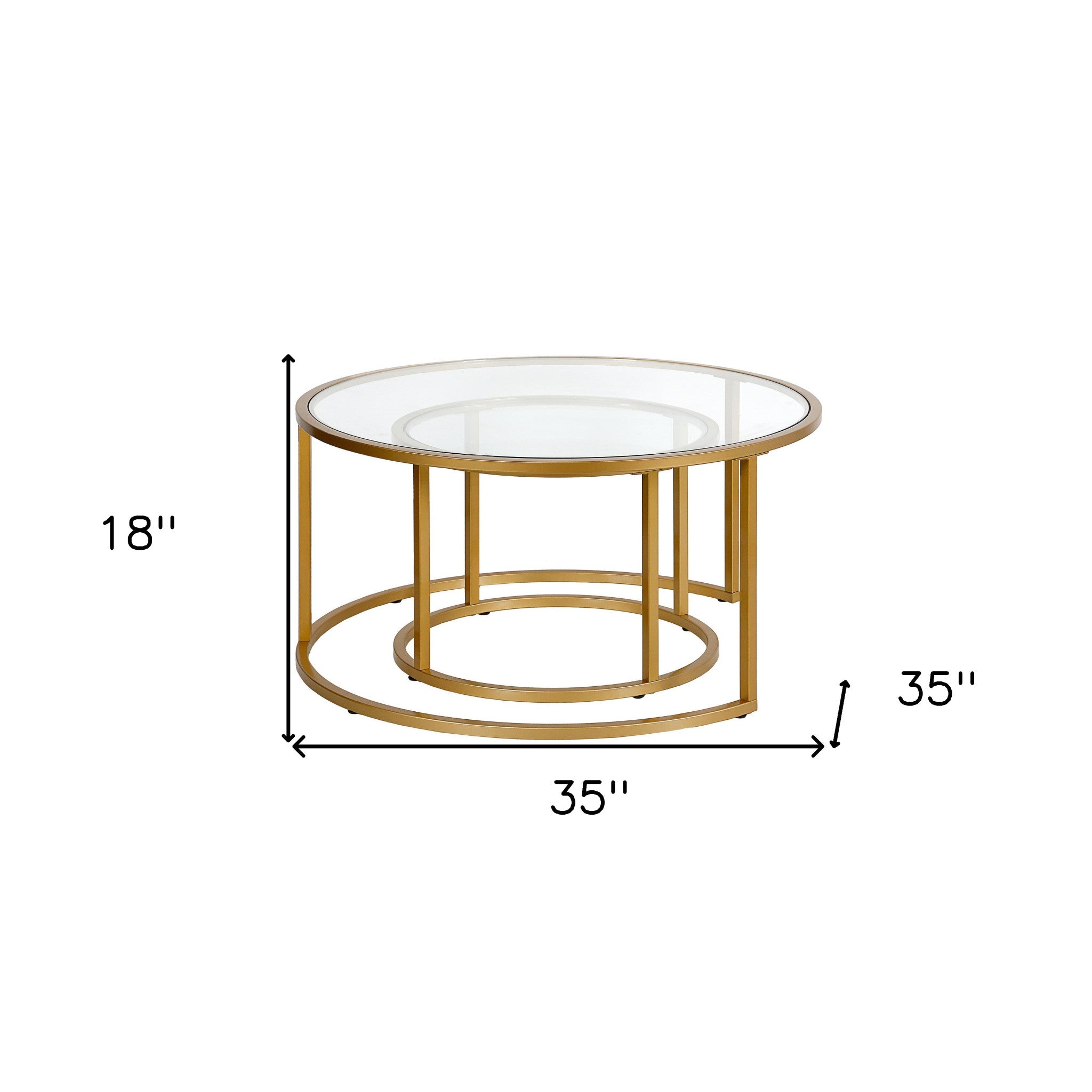 Set of Two 35 Gold Glass And Steel Round Nested Coffee Tables