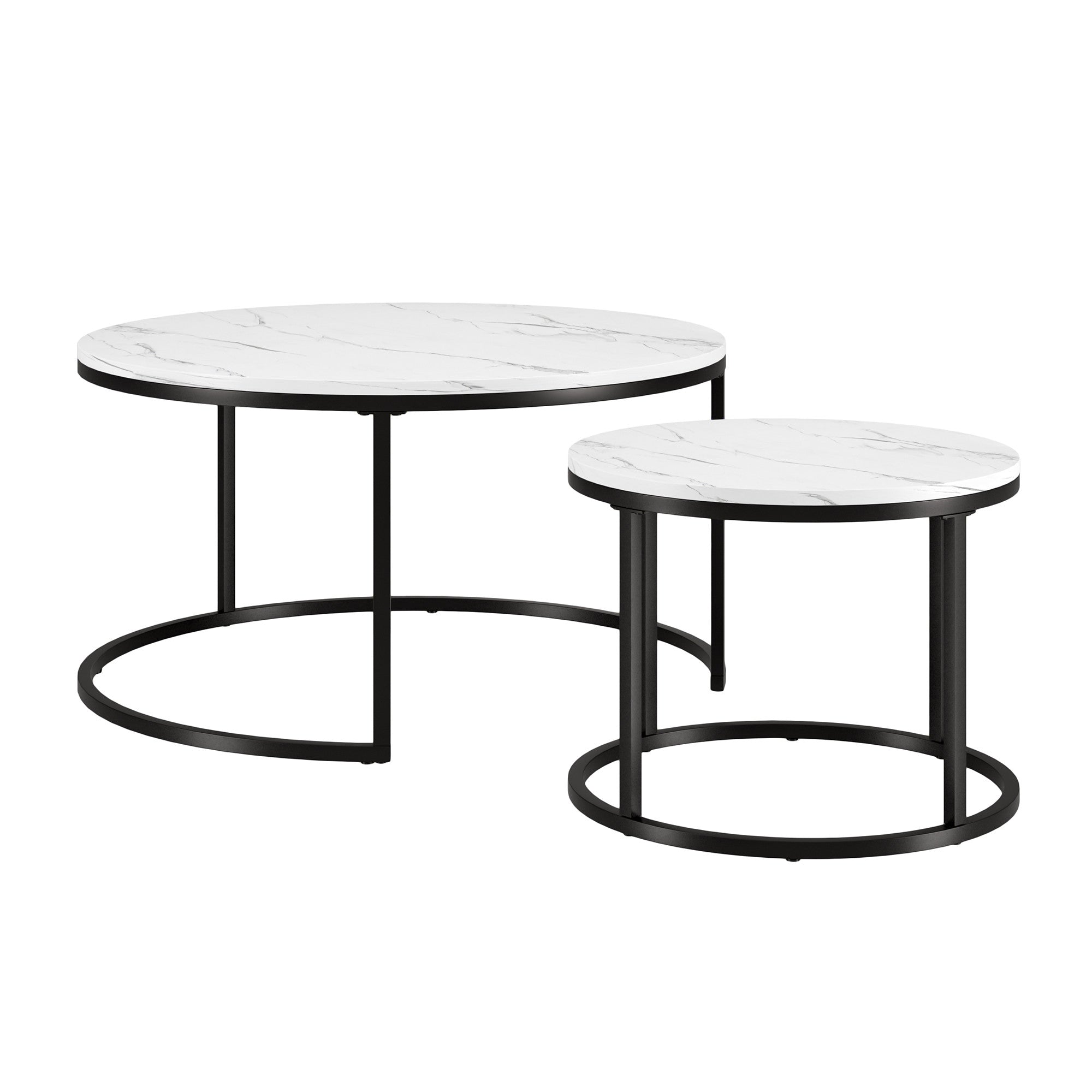 Set of Two 35 White And Black Faux Marble And Steel Round Nested Coffee Tables