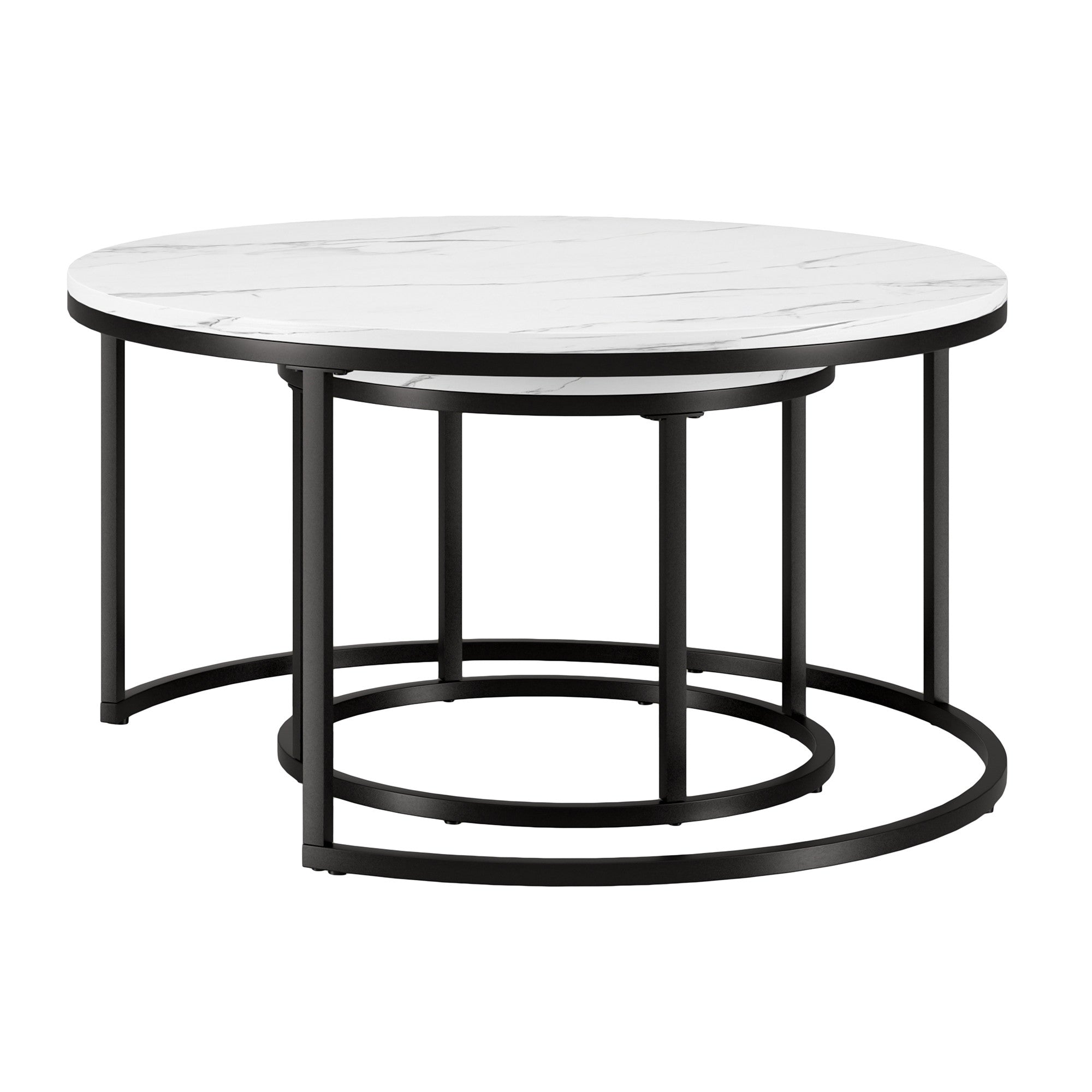 Set of Two 35 White And Black Faux Marble And Steel Round Nested Coffee Tables