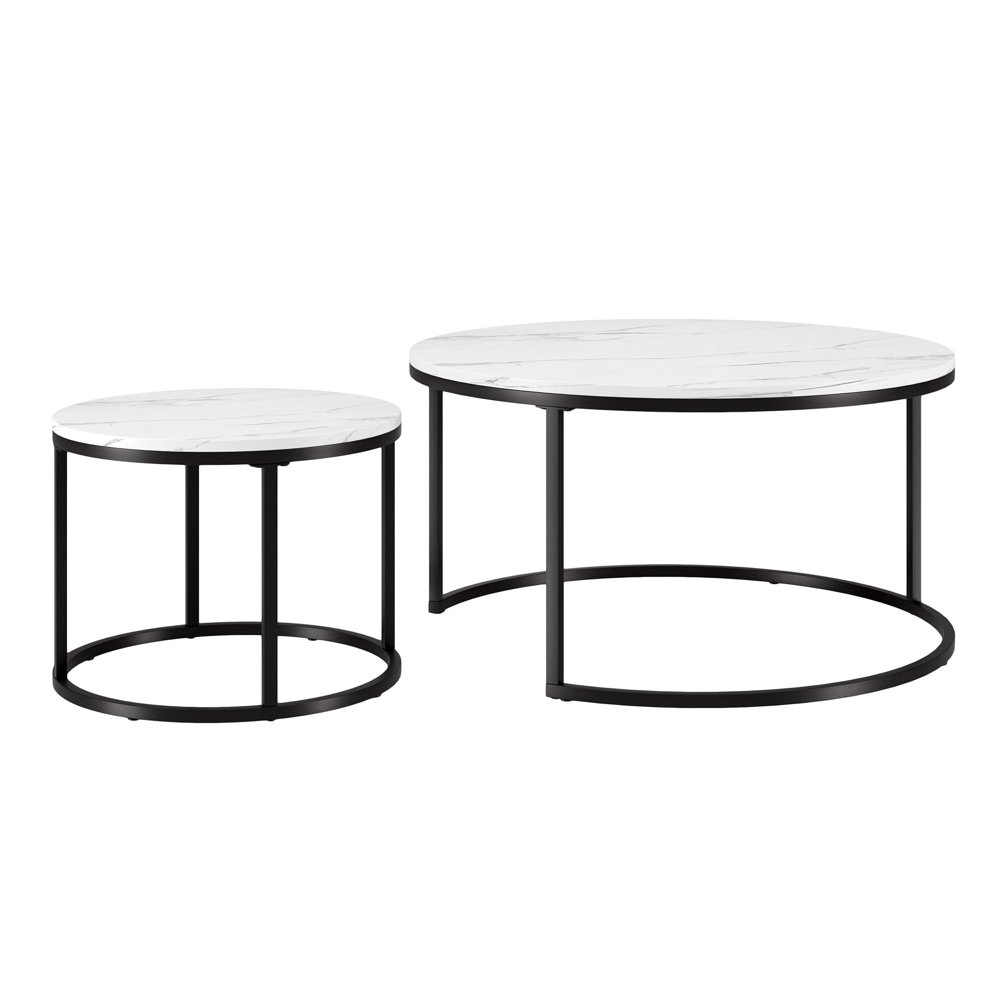 Set of Two 35 White And Black Faux Marble And Steel Round Nested Coffee Tables