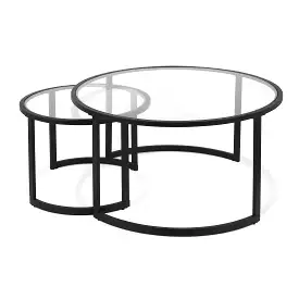 Set of Two 36 Black Glass And Steel Round Nested Coffee Tables